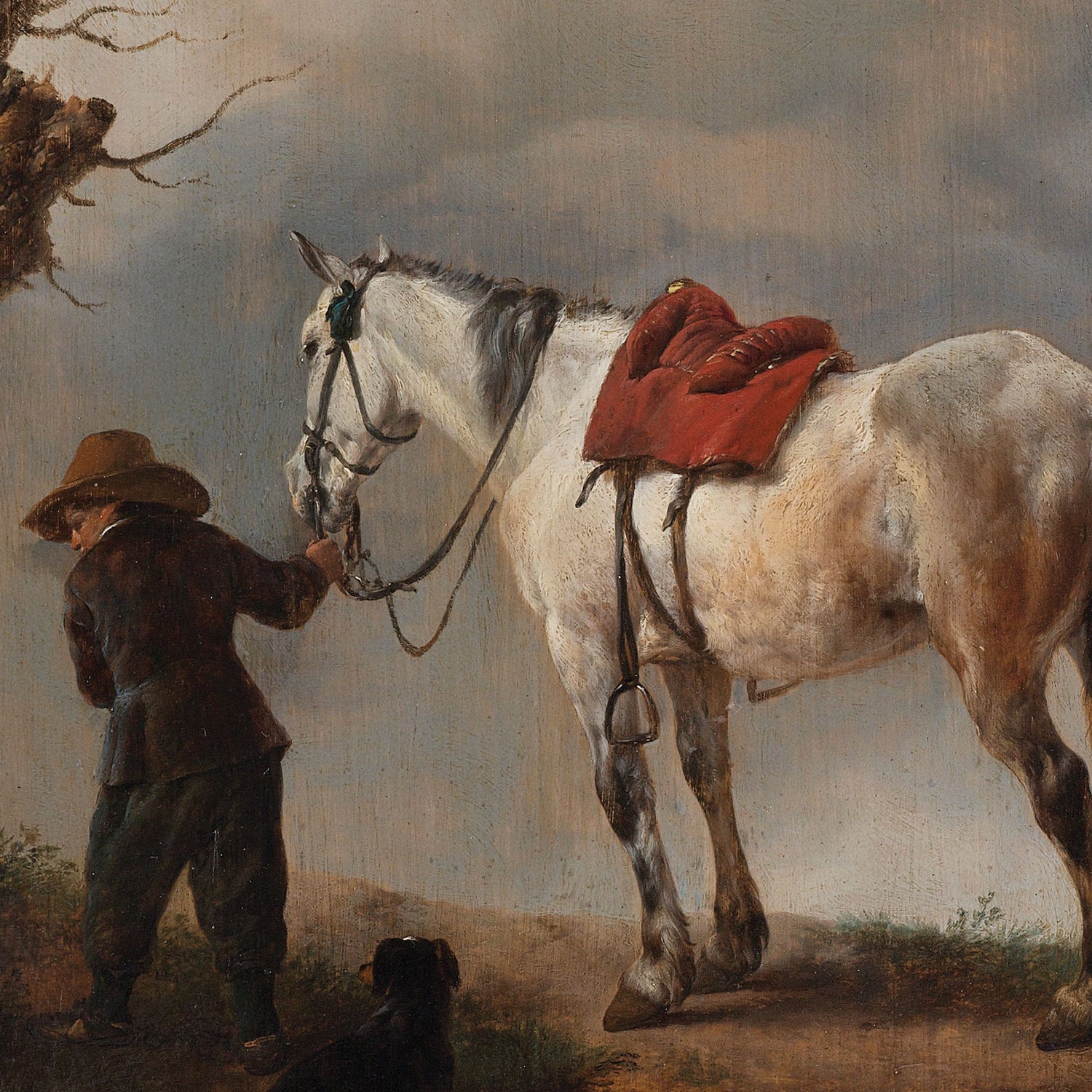 A person dressed in dark clothing and a wide-brimmed hat leads a white horse with a red saddle, evoking the essence of "The Grey" by Philips Wouwerman. The scene is set outdoors under a cloudy sky, with trees and greenery in the background. A black dog stands at the person's feet, gazing up at the horse.