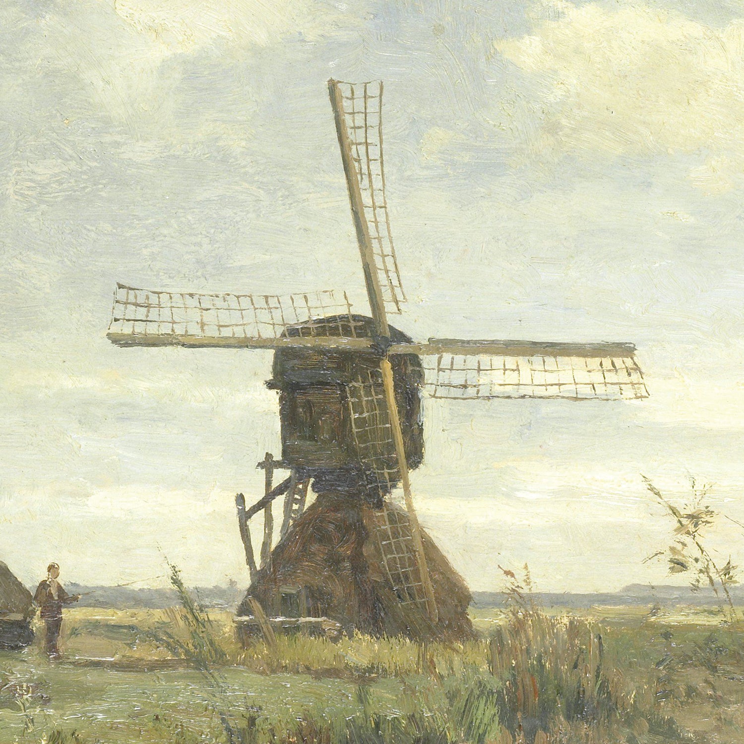 A rustic windmill stands next to a waterway under a bright sky in "Sunny Day - a Windmill on a Waterway" by Paul Gabriël, evoking the essence of the Dutch countryside. Its blades are positioned at different angles, and the structure appears slightly weathered. A person is walking nearby along the waterway, adding scale to this scene reminiscent of Paul Gabriël's works.