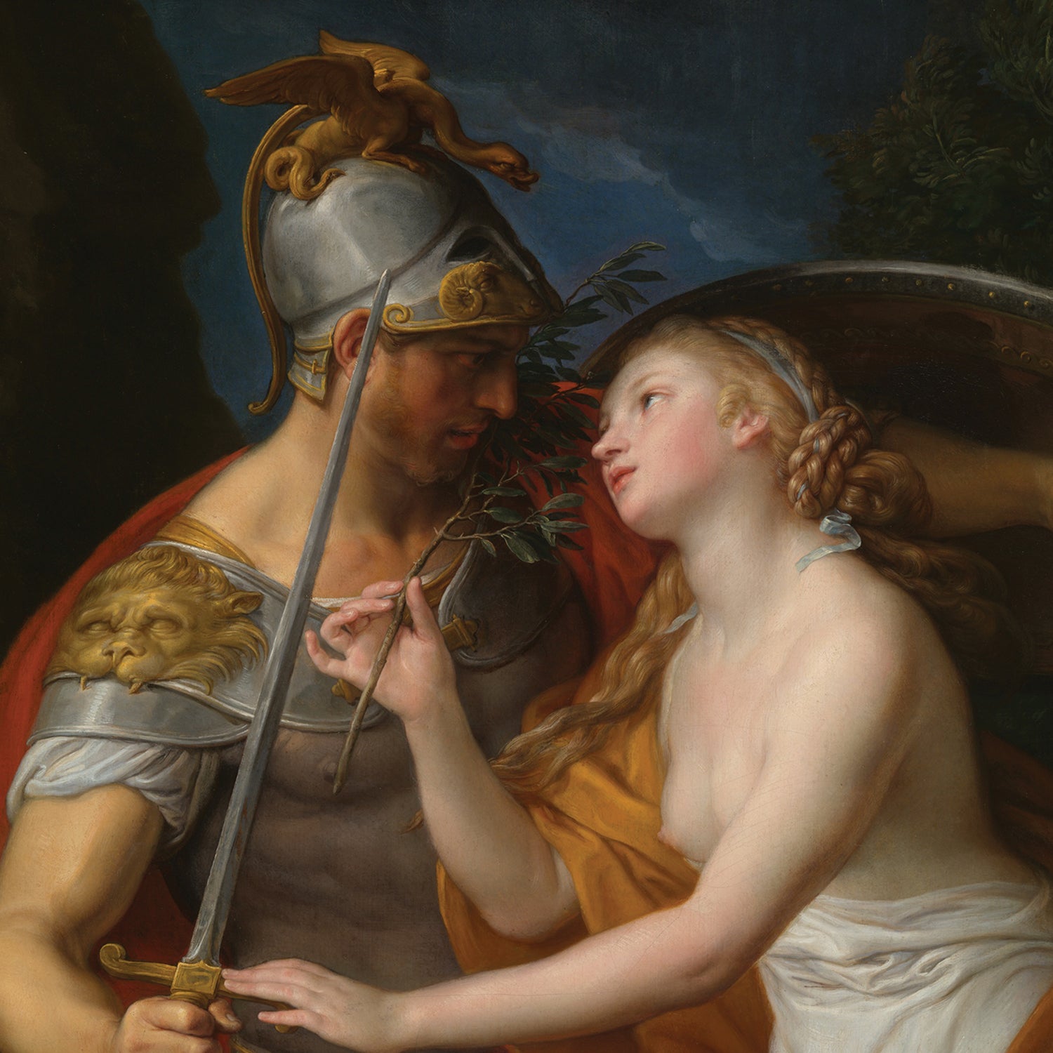 The "Allegory of Peace and War by Pompeo Girolamo Batoni Print" features a classical painting where a man in armor, with a helmet crowned by a golden eagle, holds a sword. A woman with exposed shoulders, draped in yellow cloth, tenderly touches his chest while gazing at him with a serene expression.