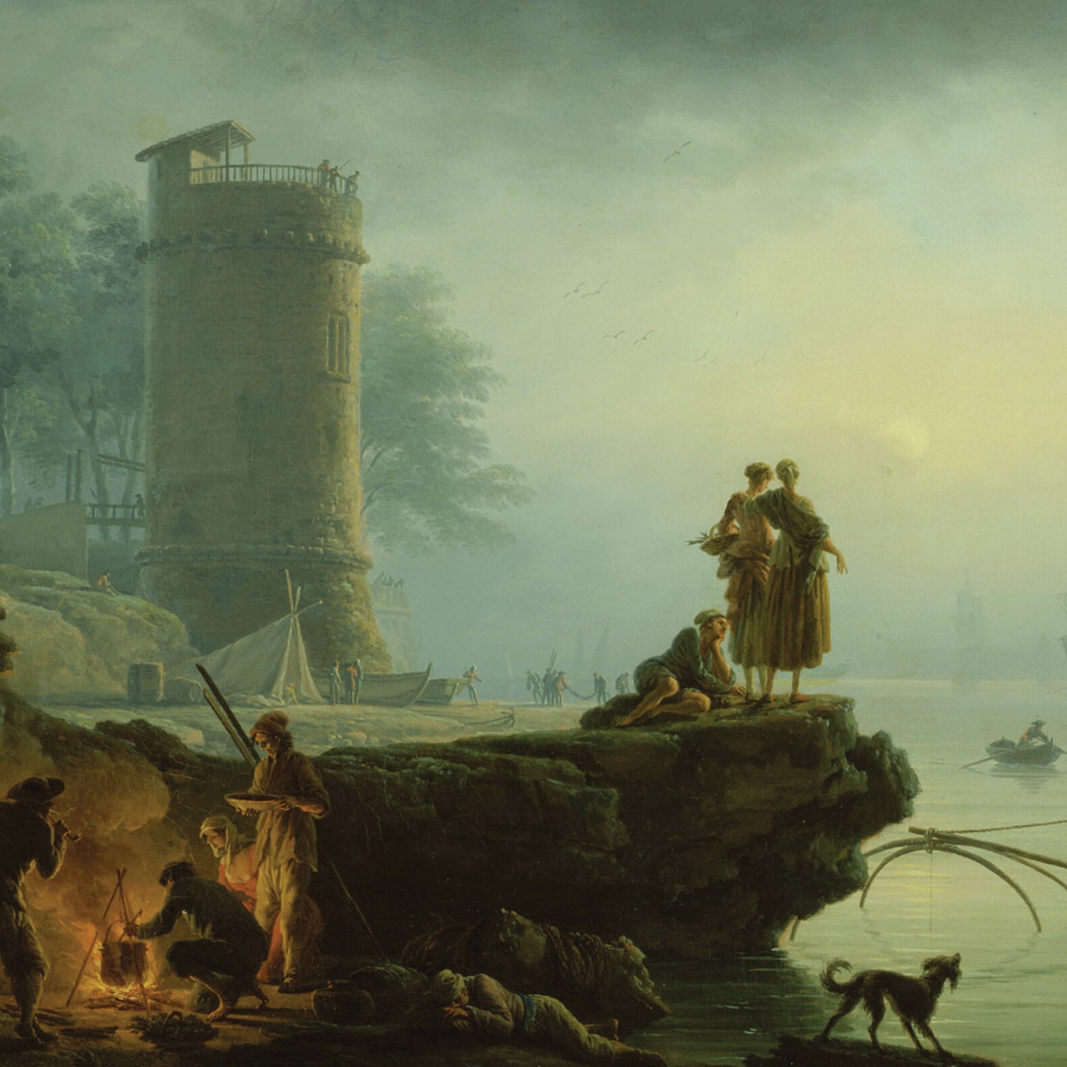 Morning by Claude Joseph Vernet Print" captures a tranquil coastal sunrise scene featuring a majestic tower near the shore. Small boats drift on the water, and people gather around a fire, creating an inviting atmosphere. Two figures stand on a rocky promontory overlooking the sea, accompanied by a dog. The background adds depth with misty trees and distant boats, perfectly encapsulating Vernet's serene vision.