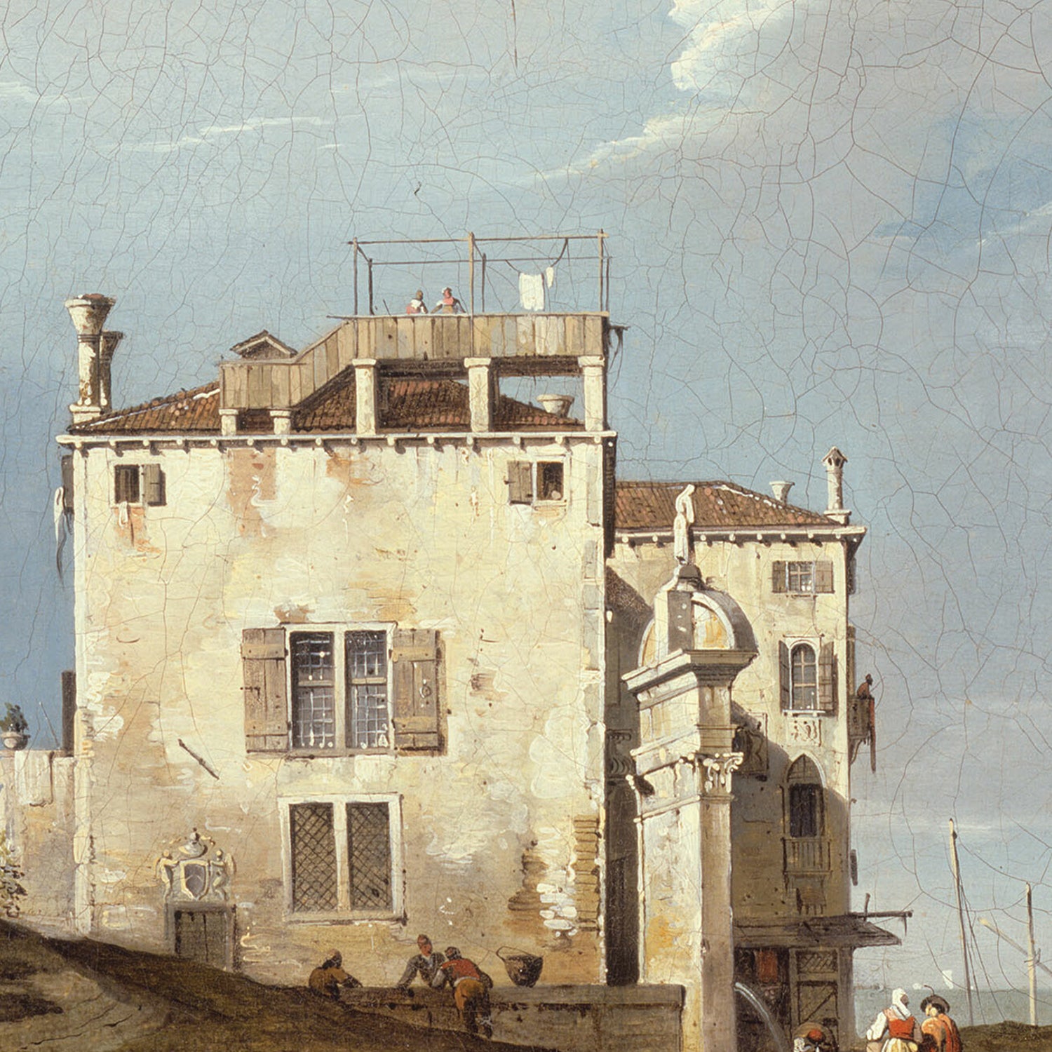 A detailed painting titled "Portico with a Lantern" expertly portrays an aged, beige-colored building adorned with visible cracks and textures, encapsulating its architectural beauty. The structure features multiple windows, a small balcony, and rooftop scaffolding with two figures. Below, individuals are seen working around the base of the building.