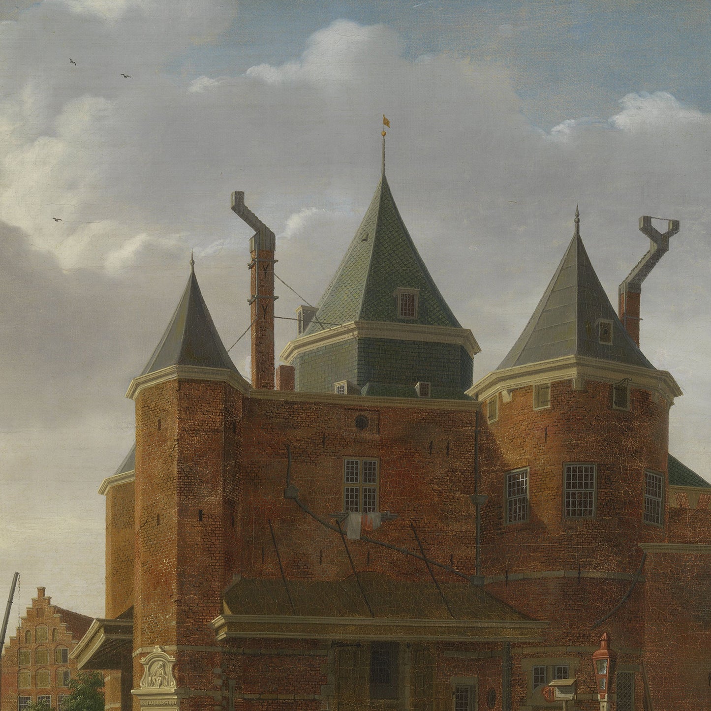 A close-up of the "Sint-Antoniuswaag in Amsterdam by Isaac Ouwater Print" reveals three tall, pointed rooftops and conical spires under a cloudy sky. The architecture, reminiscent of Ouwater's paintings, features several chimneys and windows, with a small European flag on a pole emerging from one of the roofs.