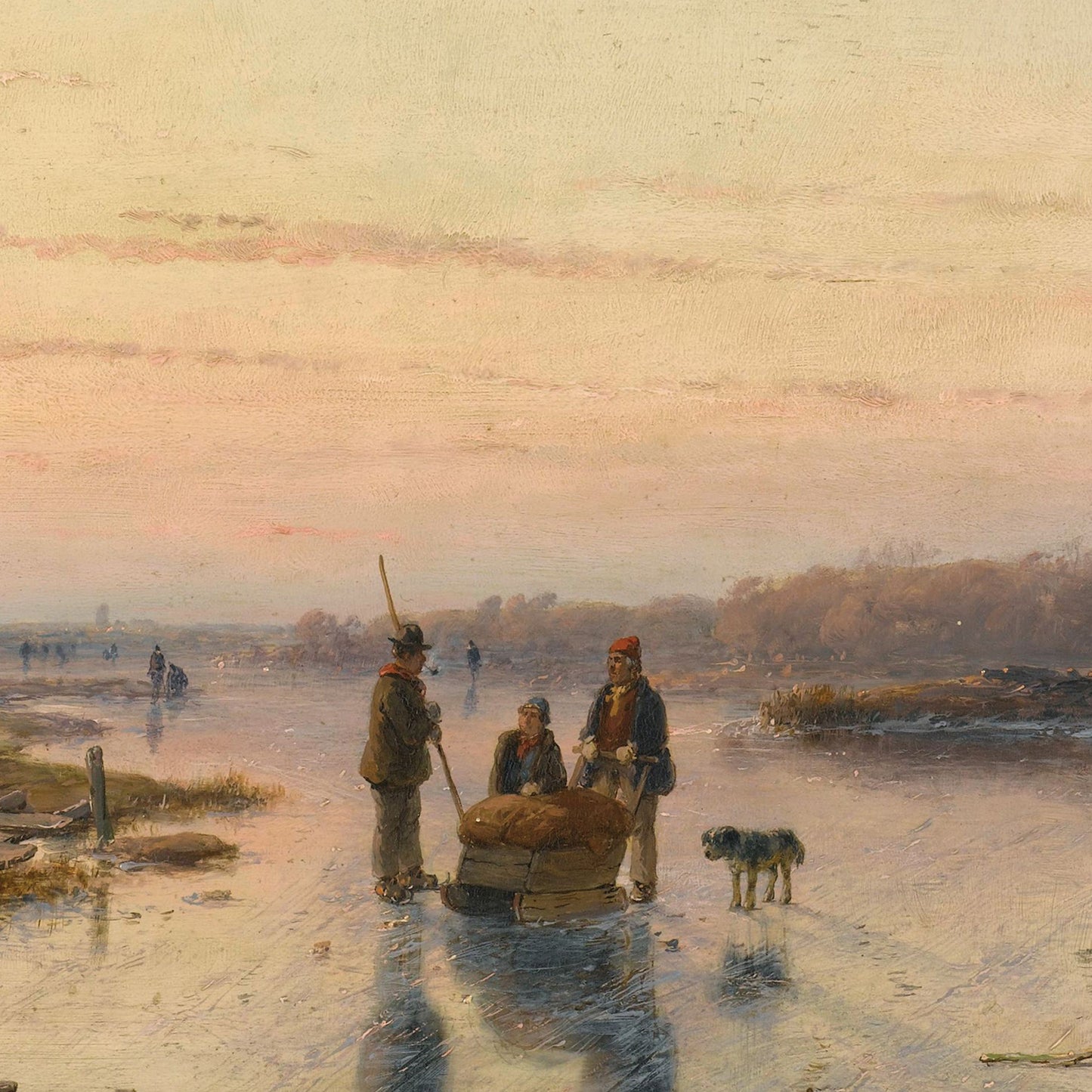 A serene Dutch winter landscape depicts three figures and a dog standing on an icy surface. Two men, one holding a stick, and a child are gathered around a sledge loaded with goods. In the background, various other figures can be seen walking on the ice under a pastel-colored sky reminiscent of an "Windmill beside a frozen river by Andreas Schelfhout" print.