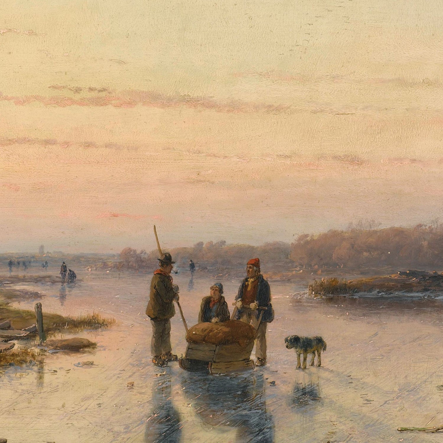 A serene Dutch winter landscape depicts three figures and a dog standing on an icy surface. Two men, one holding a stick, and a child are gathered around a sledge loaded with goods. In the background, various other figures can be seen walking on the ice under a pastel-colored sky reminiscent of an "Windmill beside a frozen river by Andreas Schelfhout" print.