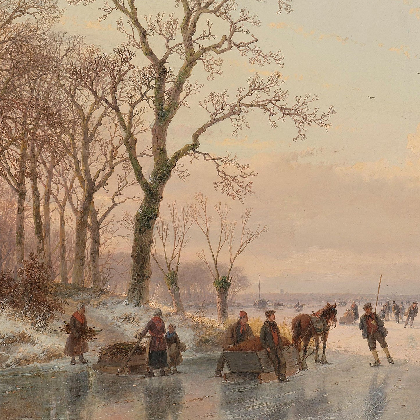 In "A Frozen Canal near the River Maas" by Andreas Schelfhout, a winter scene comes to life as people transport goods on sledges, both hand-pulled and horse-drawn, along an icy road. Leafless trees, dusted with snow, line the path under an overcast sky that hints at a cold and tranquil day, perfectly capturing the serene atmosphere of a Dutch winter landscape.
