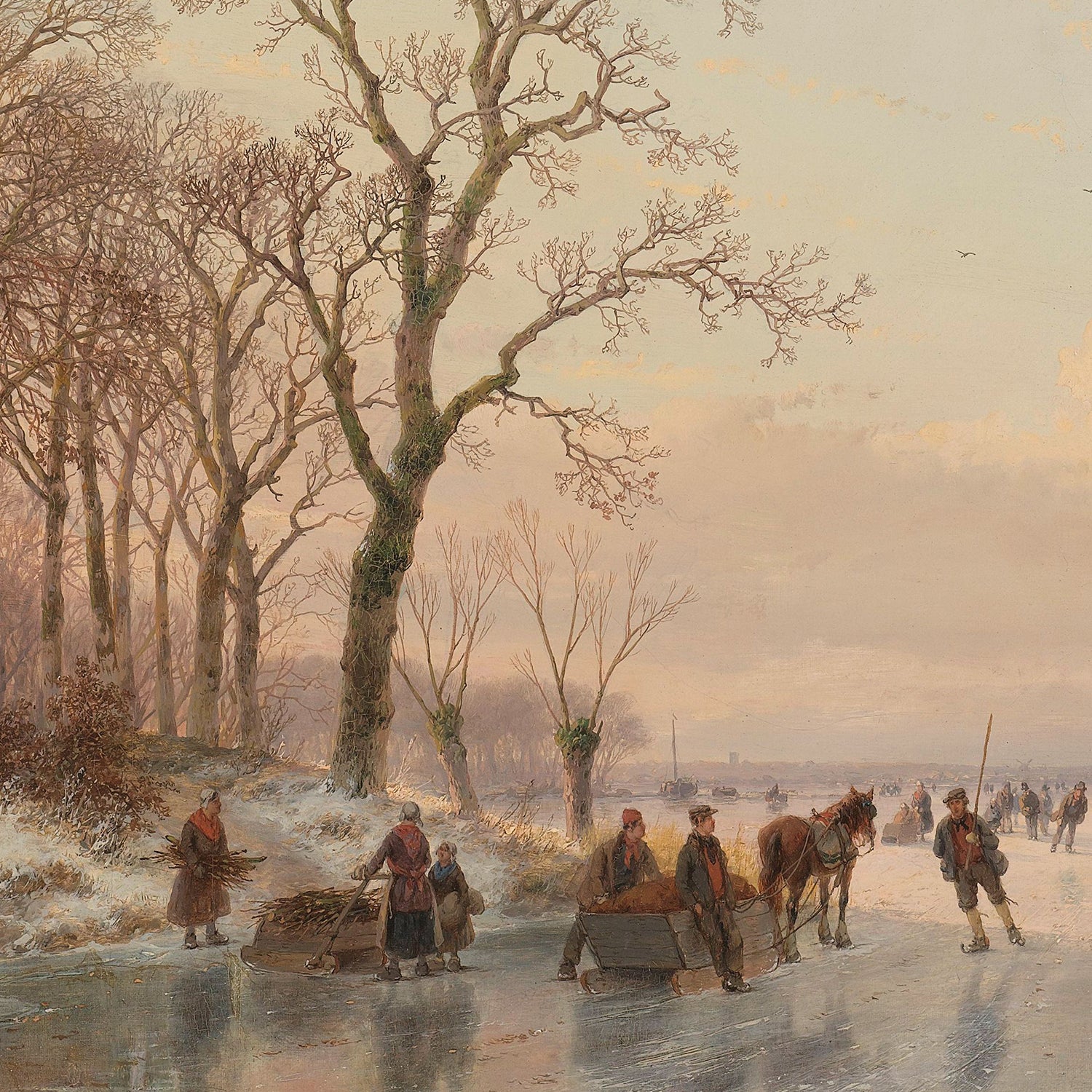 In "A Frozen Canal near the River Maas" by Andreas Schelfhout, a winter scene comes to life as people transport goods on sledges, both hand-pulled and horse-drawn, along an icy road. Leafless trees, dusted with snow, line the path under an overcast sky that hints at a cold and tranquil day, perfectly capturing the serene atmosphere of a Dutch winter landscape.