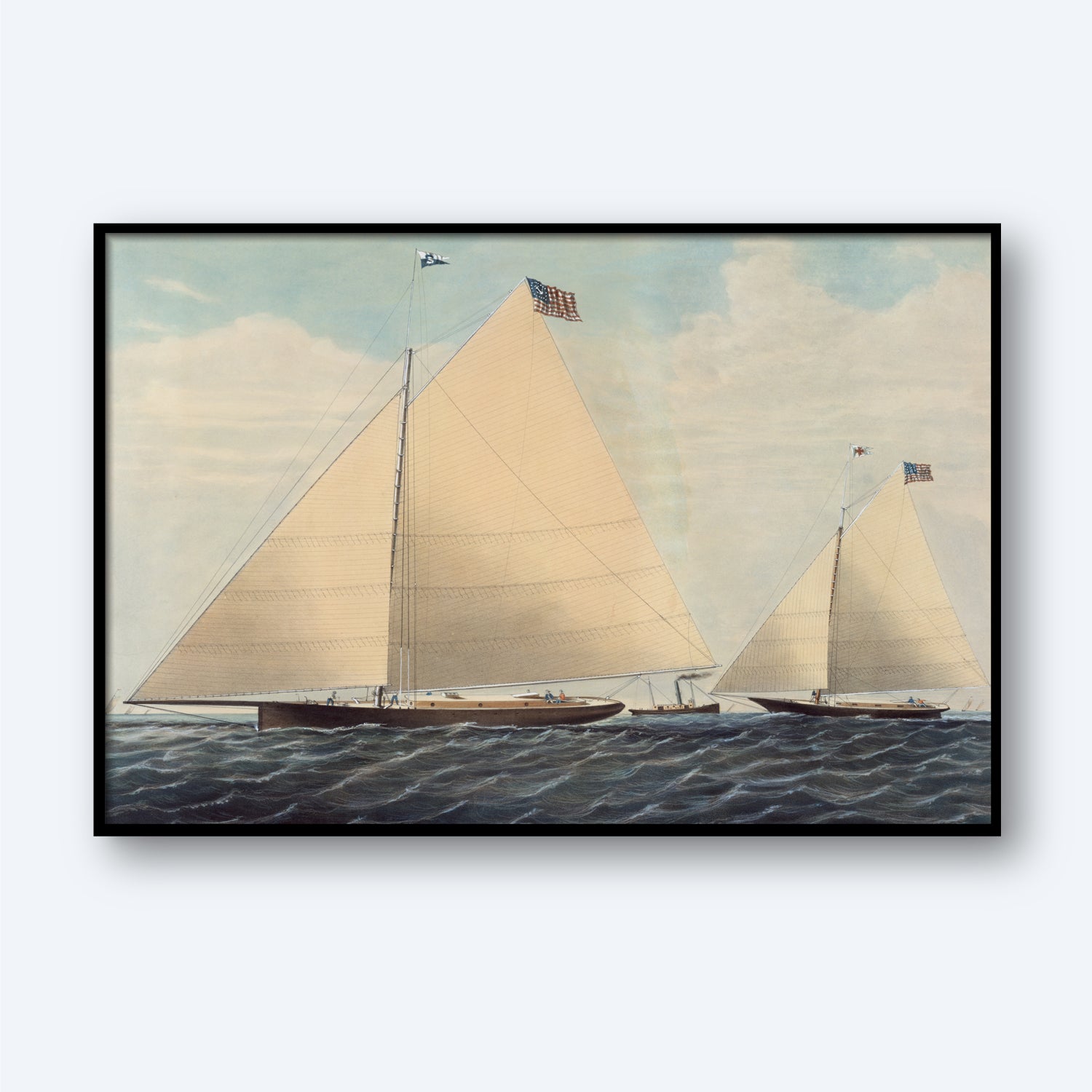 A framed painting titled "Cutter Yacht 'Scud' of Philadelphia" by Charles Parsons captures two classic American racing yachts sprinting on a slightly choppy sea under a partly cloudy sky. Both boats have tall masts and large sails catching the wind, with flags flying from the top of the masts—an ideal piece for any maritime enthusiast.