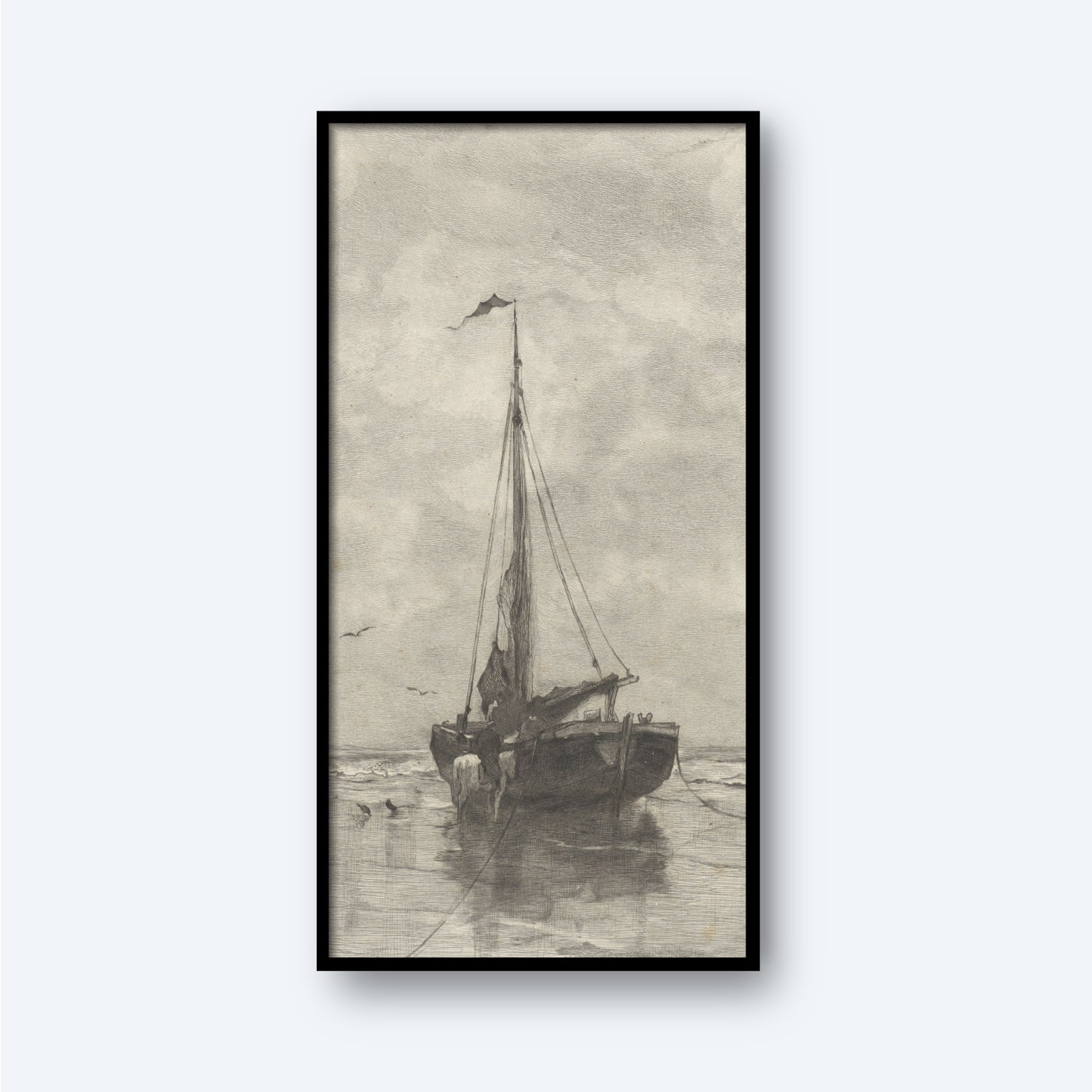 The framed monochromatic drawing titled "Bomschuit by Willem Steelink" depicts a solitary Dutch fishing boat, reminiscent of the classic Bomschuit, anchored on a calm sea under a cloudy sky. A small flag flies at the top of the mast. The boat's reflection is faintly visible on the water's surface, evoking a timeless maritime tradition.