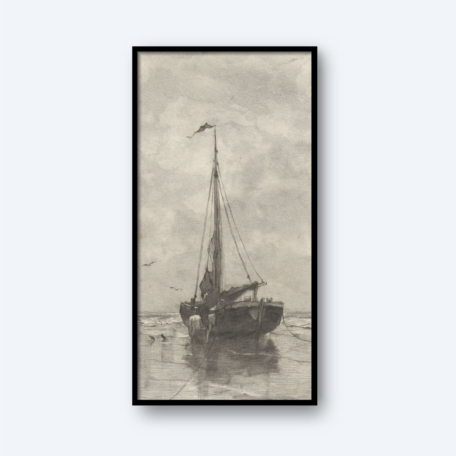 The framed monochromatic drawing titled "Bomschuit by Willem Steelink" depicts a solitary Dutch fishing boat, reminiscent of the classic Bomschuit, anchored on a calm sea under a cloudy sky. A small flag flies at the top of the mast. The boat's reflection is faintly visible on the water's surface, evoking a timeless maritime tradition.