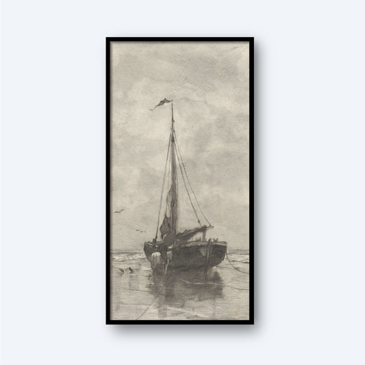 The framed monochromatic drawing titled "Bomschuit by Willem Steelink" depicts a solitary Dutch fishing boat, reminiscent of the classic Bomschuit, anchored on a calm sea under a cloudy sky. A small flag flies at the top of the mast. The boat's reflection is faintly visible on the water's surface, evoking a timeless maritime tradition.