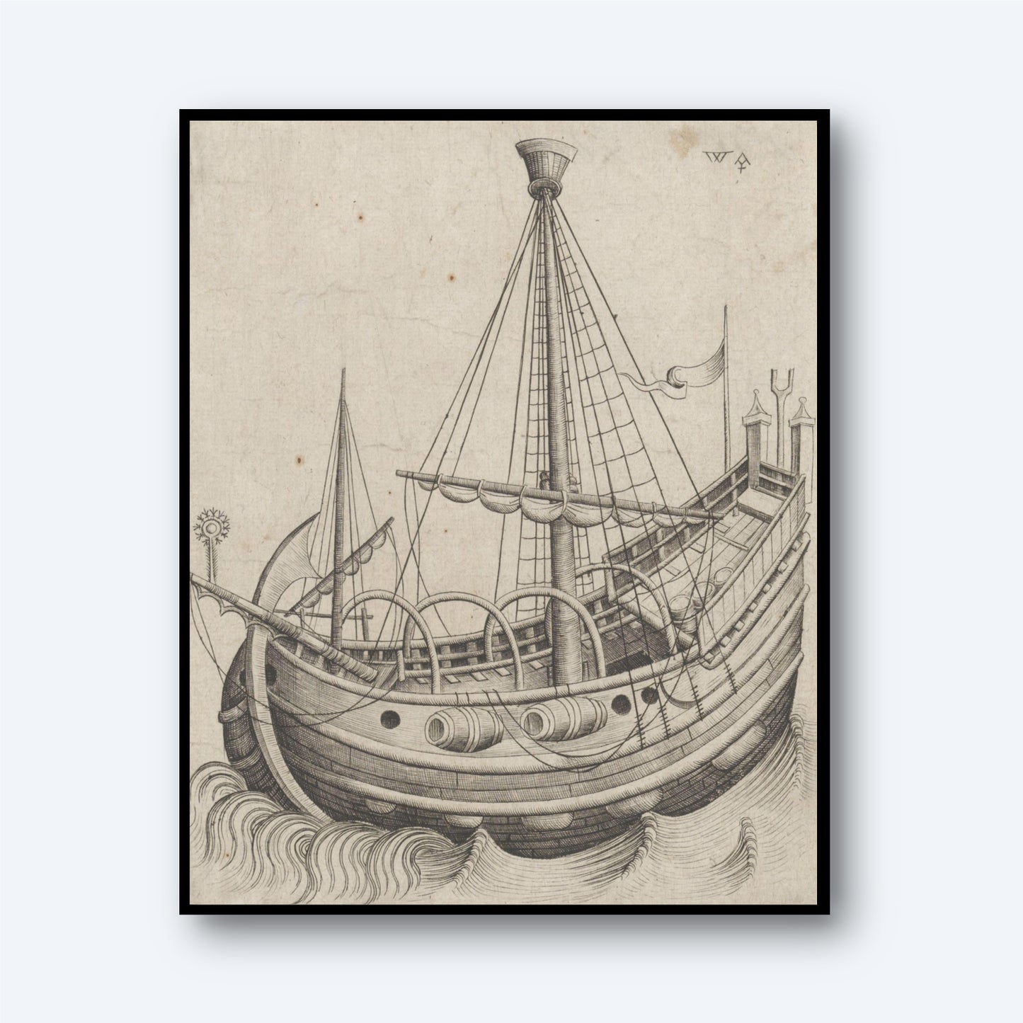 A detailed black and white sketch titled "A Herring Buss Print" depicts an old sailing ship navigating through waves. The Herring Buss features masts with sails and intricate rigging, a prominent bow, and a raised stern adorned with flags, capturing Dutch fishing life. The drawing is encased in a sleek black frame.