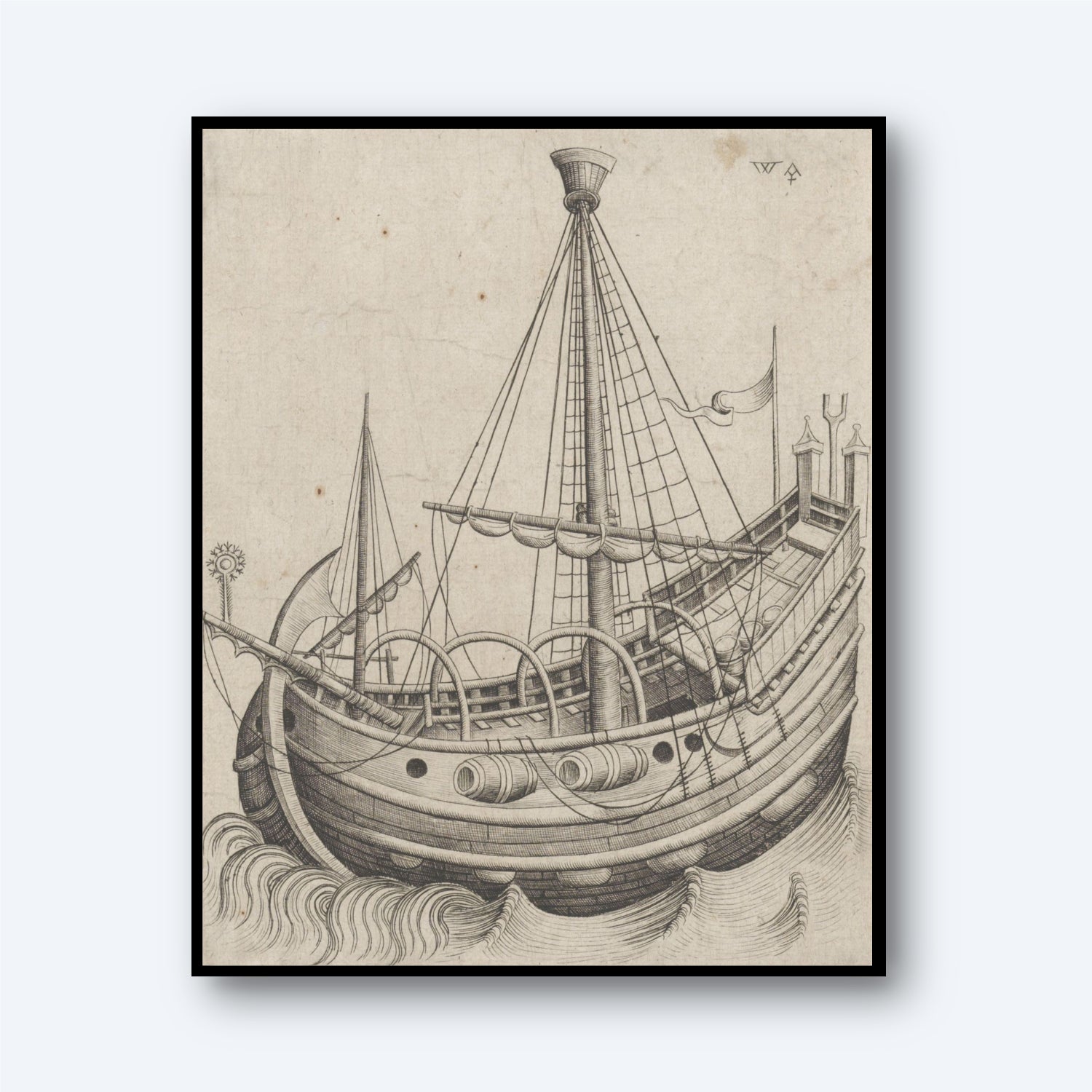 A detailed black and white sketch titled "A Herring Buss Print" depicts an old sailing ship navigating through waves. The Herring Buss features masts with sails and intricate rigging, a prominent bow, and a raised stern adorned with flags, capturing Dutch fishing life. The drawing is encased in a sleek black frame.
