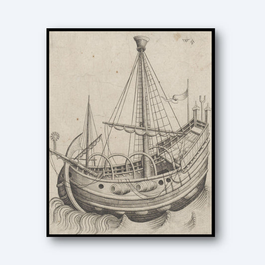 A detailed black and white sketch titled "A Herring Buss Print" depicts an old sailing ship navigating through waves. The Herring Buss features masts with sails and intricate rigging, a prominent bow, and a raised stern adorned with flags, capturing Dutch fishing life. The drawing is encased in a sleek black frame.
