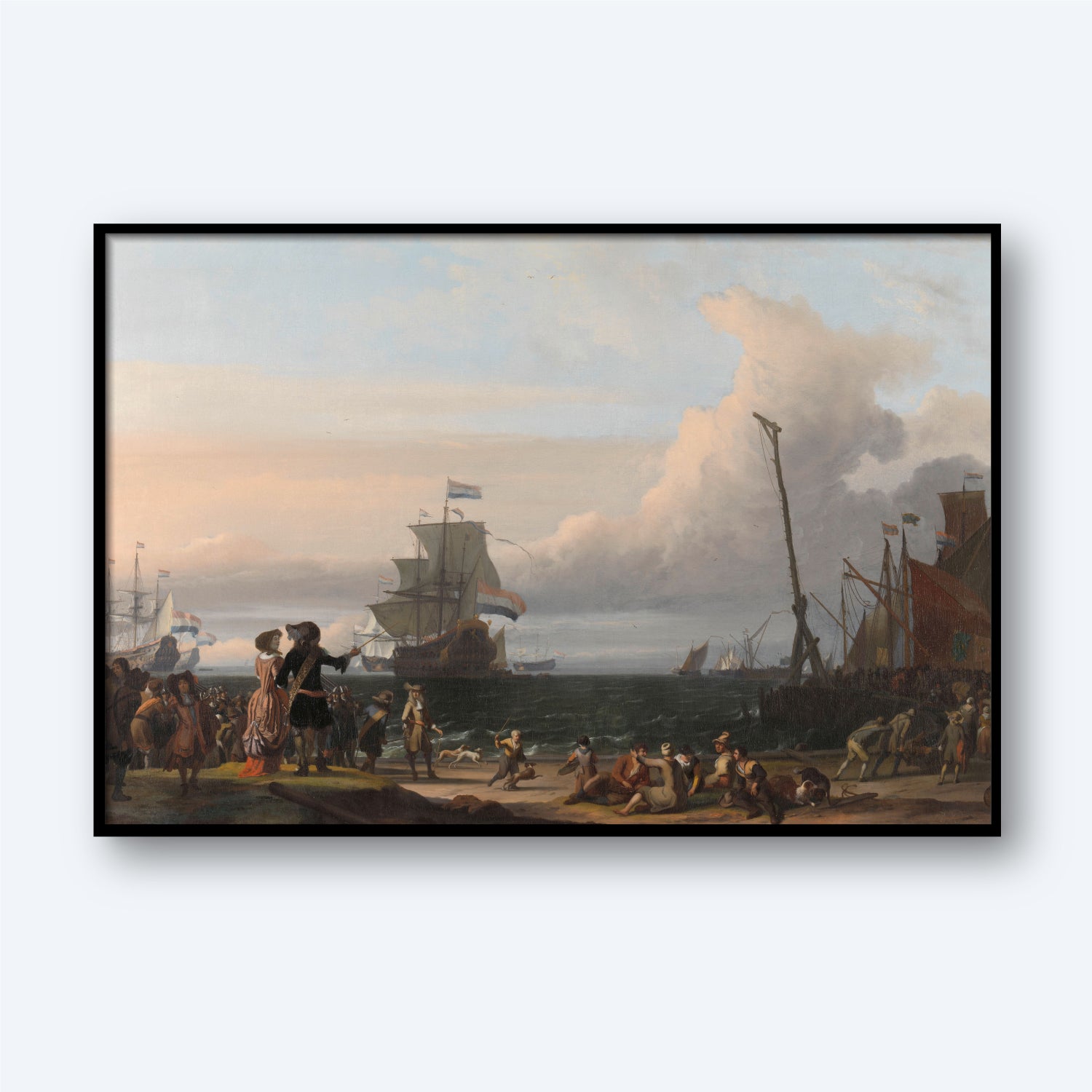 A framed painting titled "Dutch Ships in the Roads of Texel" by Ludolf Bakhuysen depicts a bustling harbor scene with people on the shore engaging in various activities. Numerous ships are anchored or sailing in the background under a cloudy sky, evoking a rich sense of maritime history.
