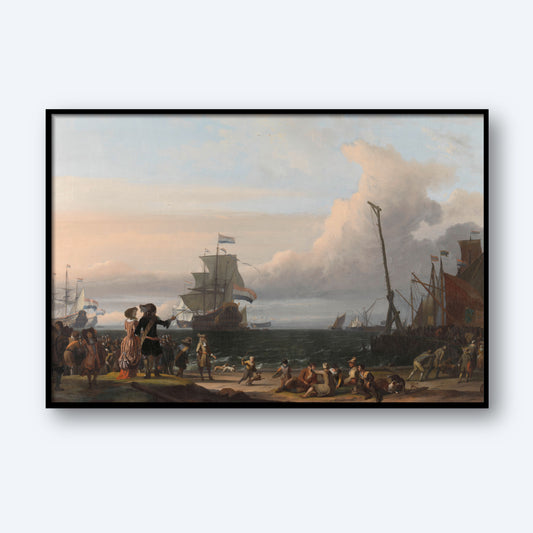 A framed painting titled "Dutch Ships in the Roads of Texel" by Ludolf Bakhuysen depicts a bustling harbor scene with people on the shore engaging in various activities. Numerous ships are anchored or sailing in the background under a cloudy sky, evoking a rich sense of maritime history.