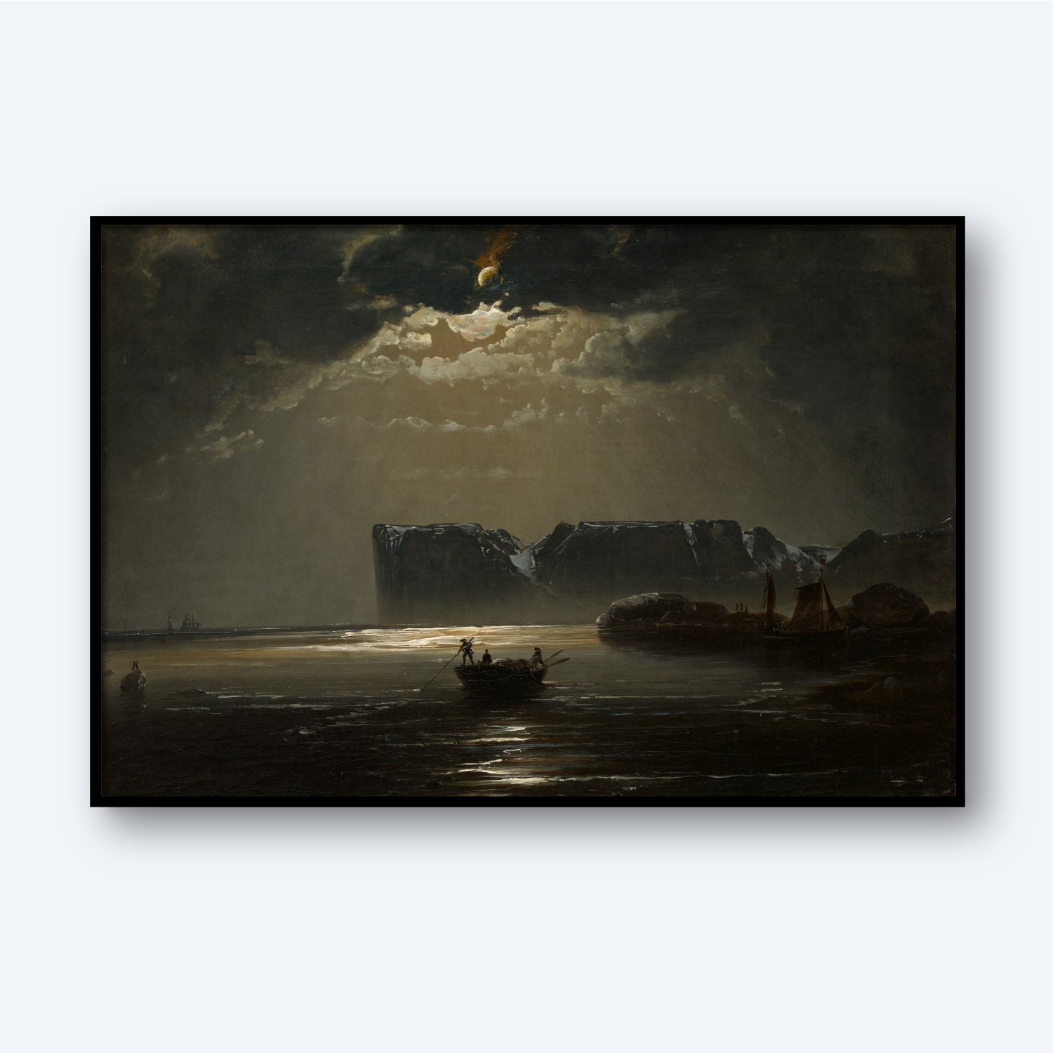 A dramatic painting titled "The North Cape by Moonlight by Peder Balke" depicts a moonlit night at sea with dark clouds partially obscuring the moon. In the foreground, a small boat with figures sails on the water, while cliffs and rocks of Norway's northern coastline loom in the background, creating a mysterious and somber atmosphere.