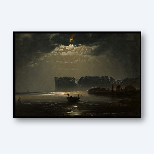 A dramatic painting titled "The North Cape by Moonlight by Peder Balke" depicts a moonlit night at sea with dark clouds partially obscuring the moon. In the foreground, a small boat with figures sails on the water, while cliffs and rocks of Norway's northern coastline loom in the background, creating a mysterious and somber atmosphere.