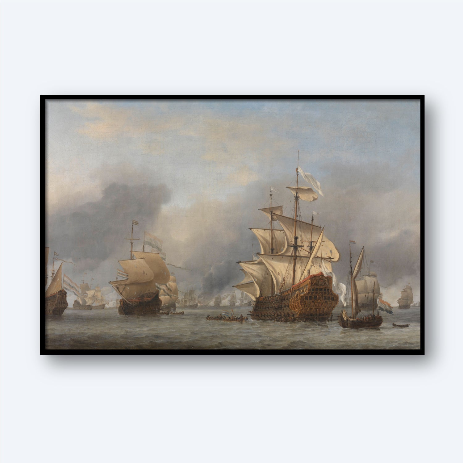 A historic print titled "The Capture of the Royal Prince" by Willem van de Velde depicts a naval battle featuring several large sailing ships from the age of sail engaged in combat. The ships have billowing sails and emit smoke, suggesting cannon fire. Smaller boats are present in the water, under an overcast sky.