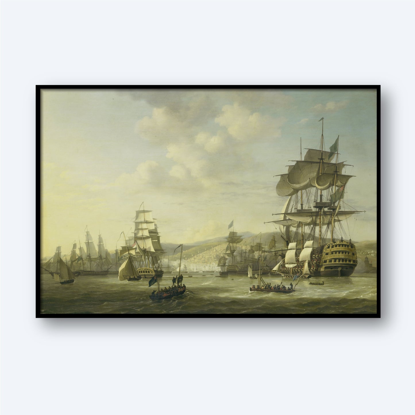 The "Anglo-Dutch Fleet In The Bay Of Algiers" by Nicolaas Baur is a captivating piece of naval art that enriches maritime history with its depiction of several large sailing ships with tall masts and billowing sails in a busy harbor. People are rowing small boats in the foreground, while the background reveals a hilly landscape under a partly cloudy sky.