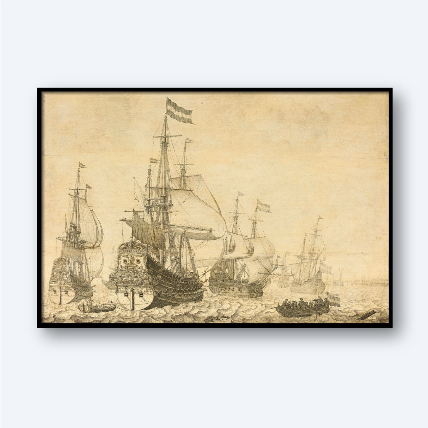 Seascape with the Dutch Men-of-War by Willem van de Velde captures a bustling maritime scene with a framed, detailed sketch of several large sailing ships on the ocean. The tall masts and billowing sails of the Dutch Men-of-War are reminiscent of classic seascapes by Willem van de Velde, while smaller boats and additional ships add depth to the light background.