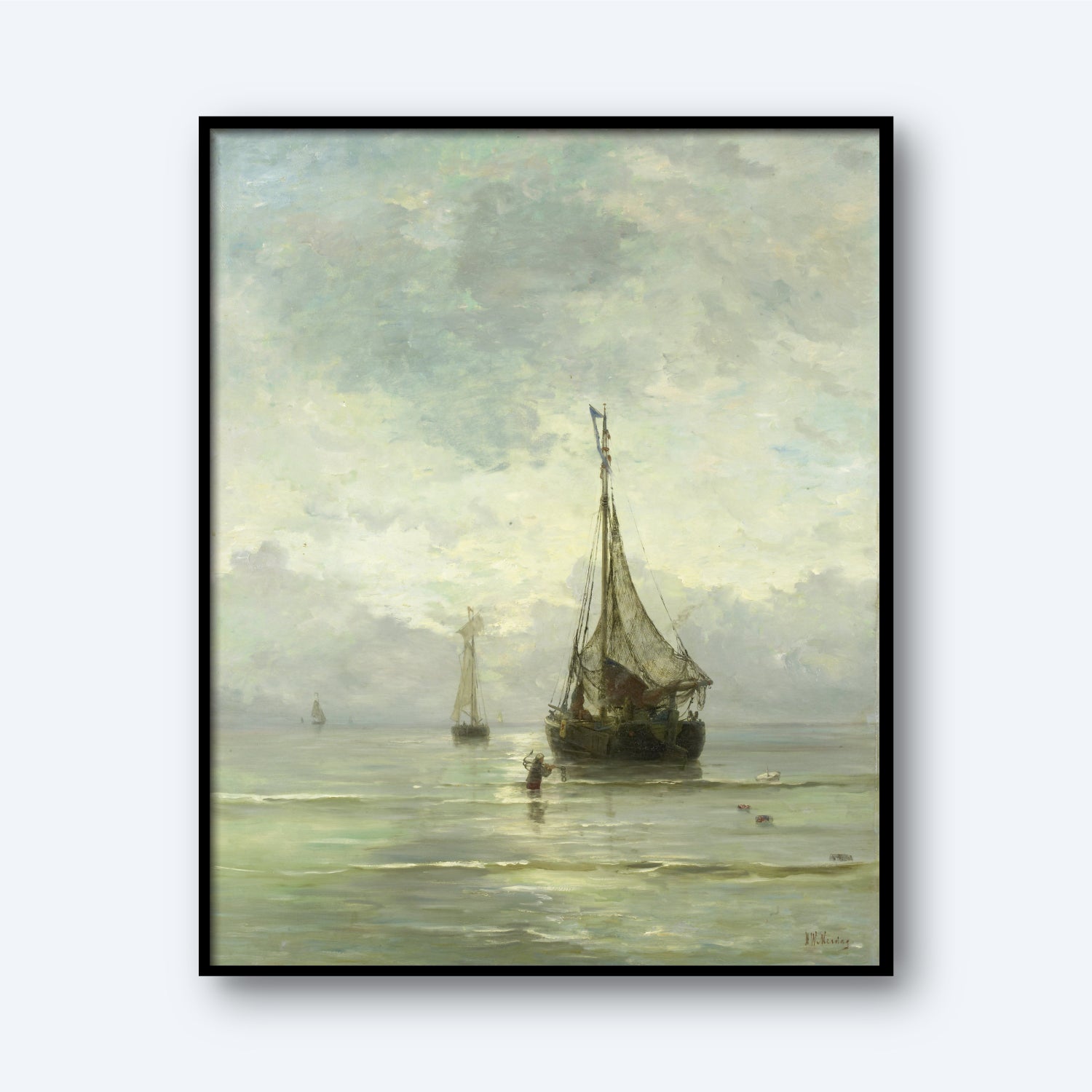 The framed painting "Calm Sea by Hendrik Willem Mesdag" captures a serene maritime scene featuring a sailboat anchored in tranquil waters close to the shore. The partly cloudy sky casts a soft, diffused light over the landscape. In the background, two small boats can be seen, while a figure wades in the shallow water near the foreground.