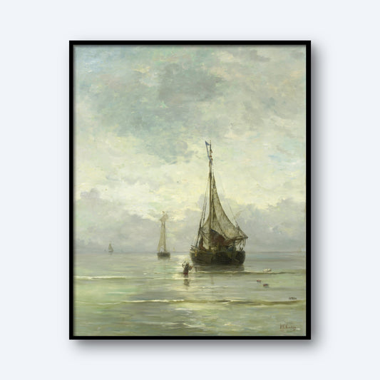 The framed painting "Calm Sea by Hendrik Willem Mesdag" captures a serene maritime scene featuring a sailboat anchored in tranquil waters close to the shore. The partly cloudy sky casts a soft, diffused light over the landscape. In the background, two small boats can be seen, while a figure wades in the shallow water near the foreground.