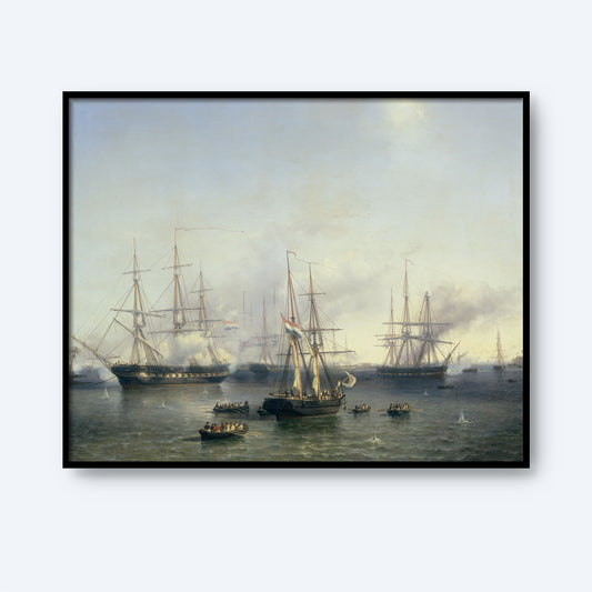 A framed painting titled "Conquest of Palembang, Sumatra in Indonesia, by Lieutenant-General De Kock" by Louis Meijer depicts several 19th-century sailing ships and steamships on a calm sea. Small boats navigate around the larger vessels, while the relatively clear sky with light clouds and subtle sunlight highlights the ships.