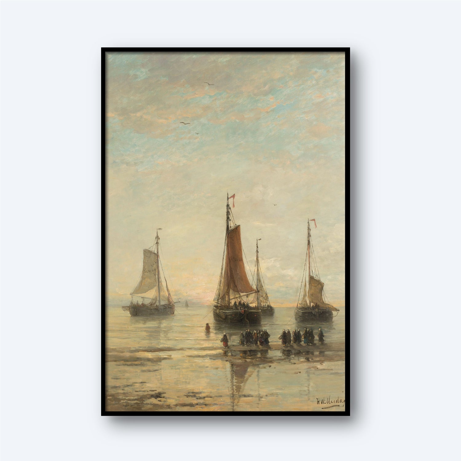 A framed painting titled "Return of the Fishing Fleet" by Hendrik Willem Mesdag captures three sailboats near the shore with their sails down. A group of people gathers at the water's edge, while soft clouds reflect on the calm sea surface. The artwork is signed in the bottom right corner.