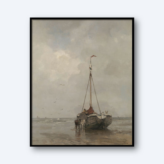 The product, "Bluff-bowed Fishing Boat on the Beach at Scheveningen" by Jacob Maris, captures a boat anchored on a calm beach at low tide, echoing Maris' evocative prints of Dutch fishing life. Two figures and a horse stand beside the boat in shallow water. The sky is overcast with scattered clouds and a flock of birds flying above, imparting a serene and tranquil atmosphere to the scene.