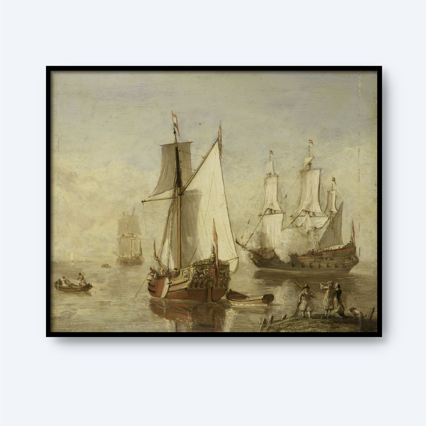 The Pleasure Yacht and Warship Print is a framed piece of maritime wall art depicting a serene scene with several sailing ships in calm waters. Two smaller boats, including a pleasure yacht, are closer to the shore, where a couple of figures appear to be working or interacting. The background shows a hazy sky, adding a sense of depth and distance.