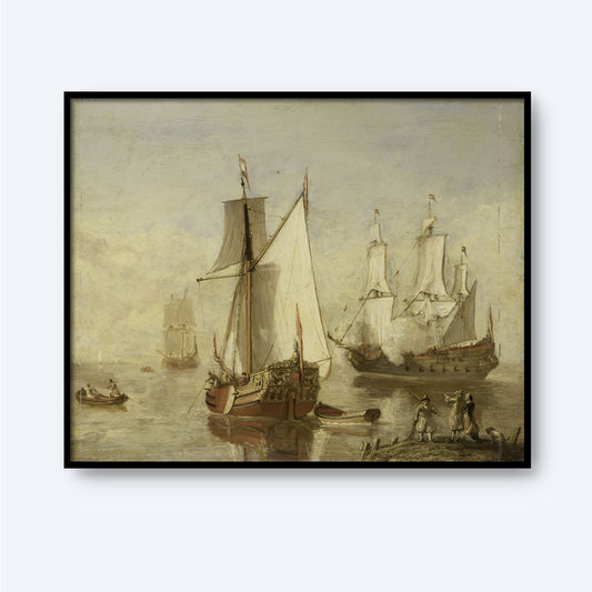 The Pleasure Yacht and Warship Print is a framed piece of maritime wall art depicting a serene scene with several sailing ships in calm waters. Two smaller boats, including a pleasure yacht, are closer to the shore, where a couple of figures appear to be working or interacting. The background shows a hazy sky, adding a sense of depth and distance.