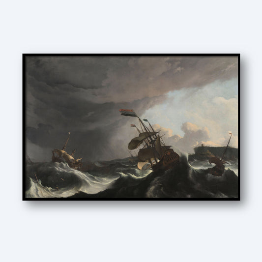 A framed print titled "Warships in a Heavy Storm by Ludolf Bakhuysen" captures a dramatic scene where warships battle towering waves under dark, stormy skies. One ship leans precariously to the side, its sails billowing with the fierce wind, conveying a vivid sense of turmoil and struggle through this striking piece of marine wall art.