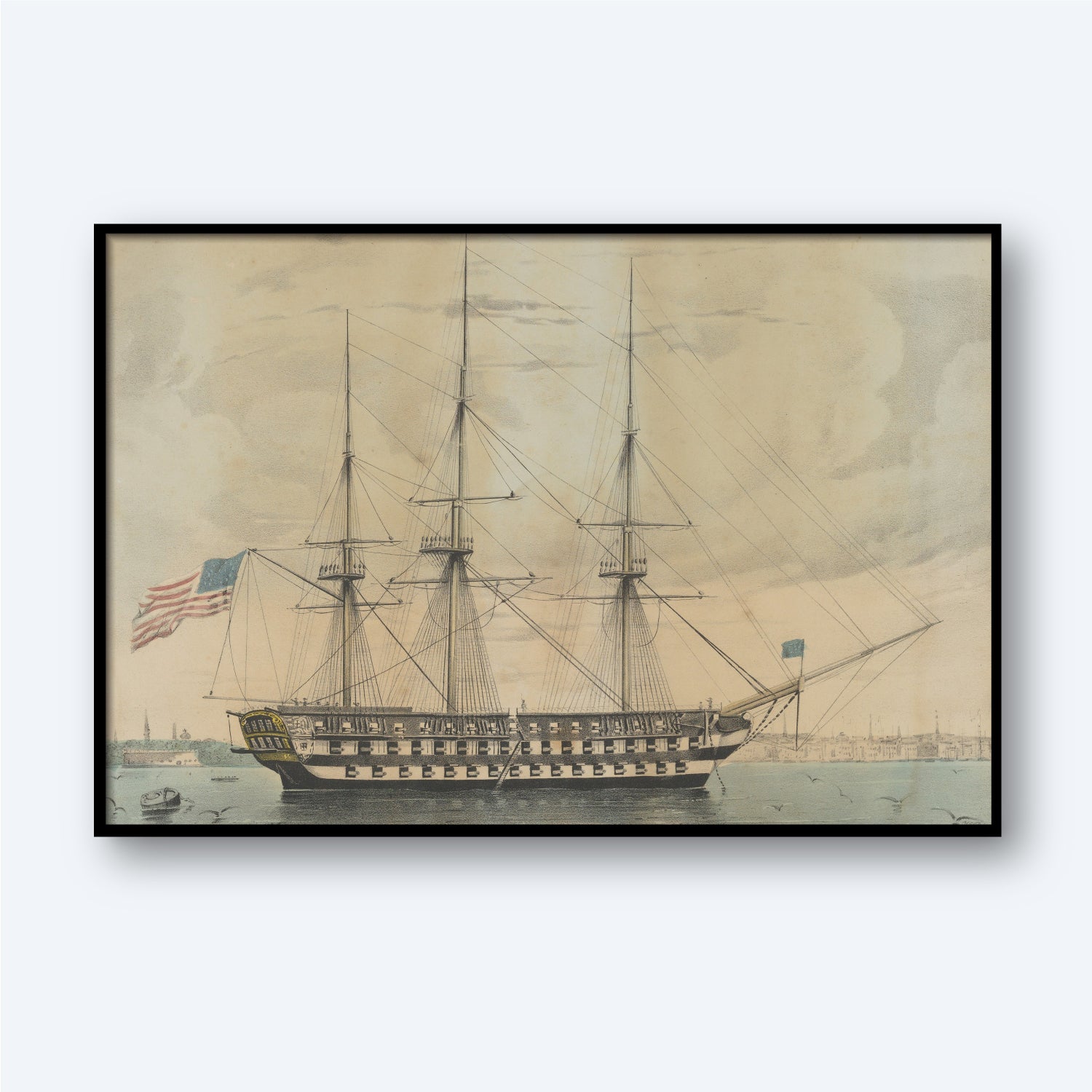 U. S. Ship North Carolina by Napoleon Sarony is a framed illustration depicting a large sailing ship with three masts and sails furled, floating on calm waters. An American flag is visible on the stern, with a distant shoreline and buildings under a cloudy sky in the background—perfect for maritime history lovers.