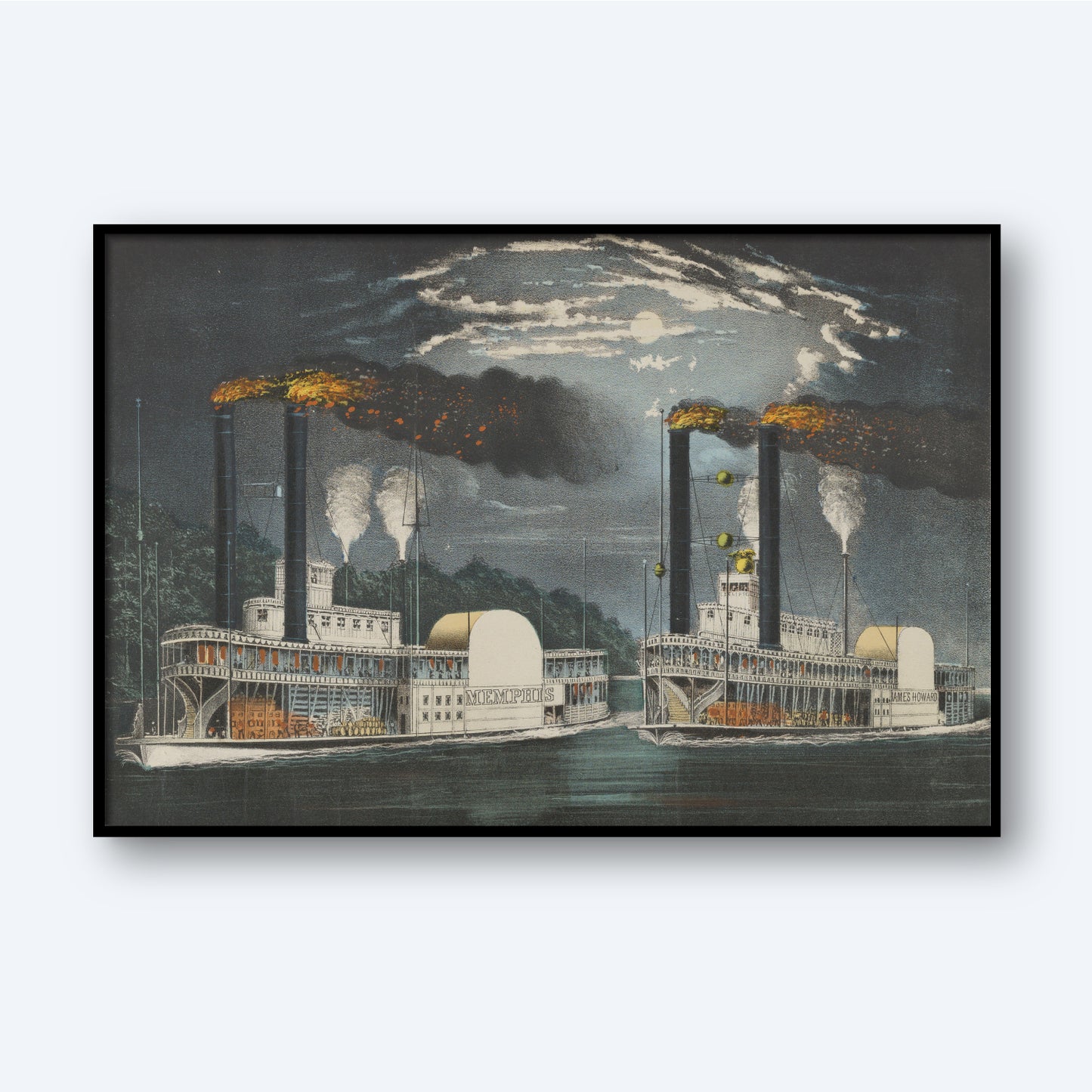 Experience the captivating scene depicted in "A Midnight Race on the Mississippi by Fanny Palmer." This vintage illustration portrays two steamboats racing down the Mississippi River at night, each with tall chimneys belching smoke and flames. The artwork features a dark sky illuminated by a large, glowing moon partially obscured by swirling clouds. Dense trees line the riverbank, adding depth to this stunning piece of riverboat wall art.