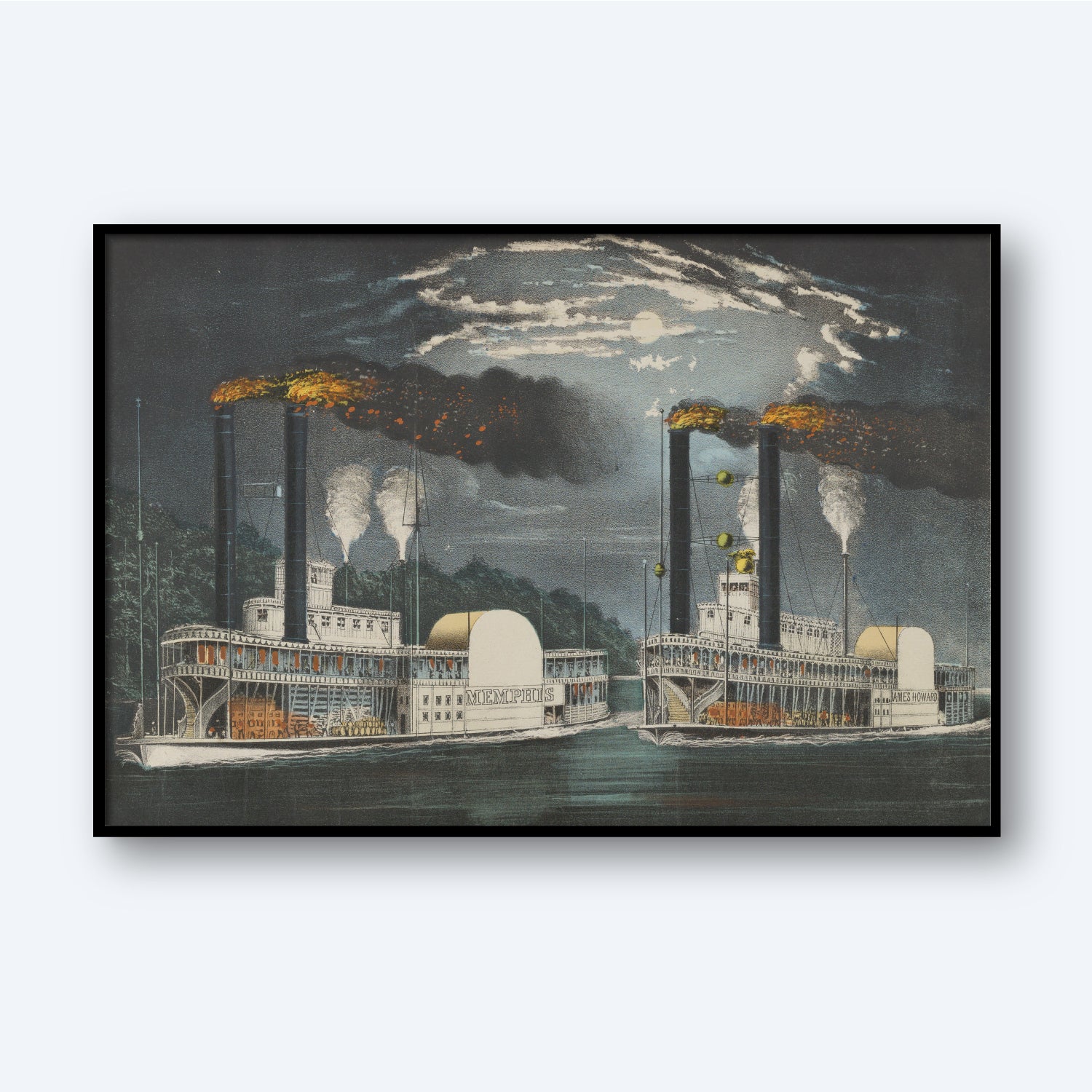 Experience the captivating scene depicted in "A Midnight Race on the Mississippi by Fanny Palmer." This vintage illustration portrays two steamboats racing down the Mississippi River at night, each with tall chimneys belching smoke and flames. The artwork features a dark sky illuminated by a large, glowing moon partially obscured by swirling clouds. Dense trees line the riverbank, adding depth to this stunning piece of riverboat wall art.