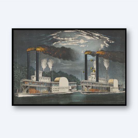 Experience the captivating scene depicted in "A Midnight Race on the Mississippi by Fanny Palmer." This vintage illustration portrays two steamboats racing down the Mississippi River at night, each with tall chimneys belching smoke and flames. The artwork features a dark sky illuminated by a large, glowing moon partially obscured by swirling clouds. Dense trees line the riverbank, adding depth to this stunning piece of riverboat wall art.