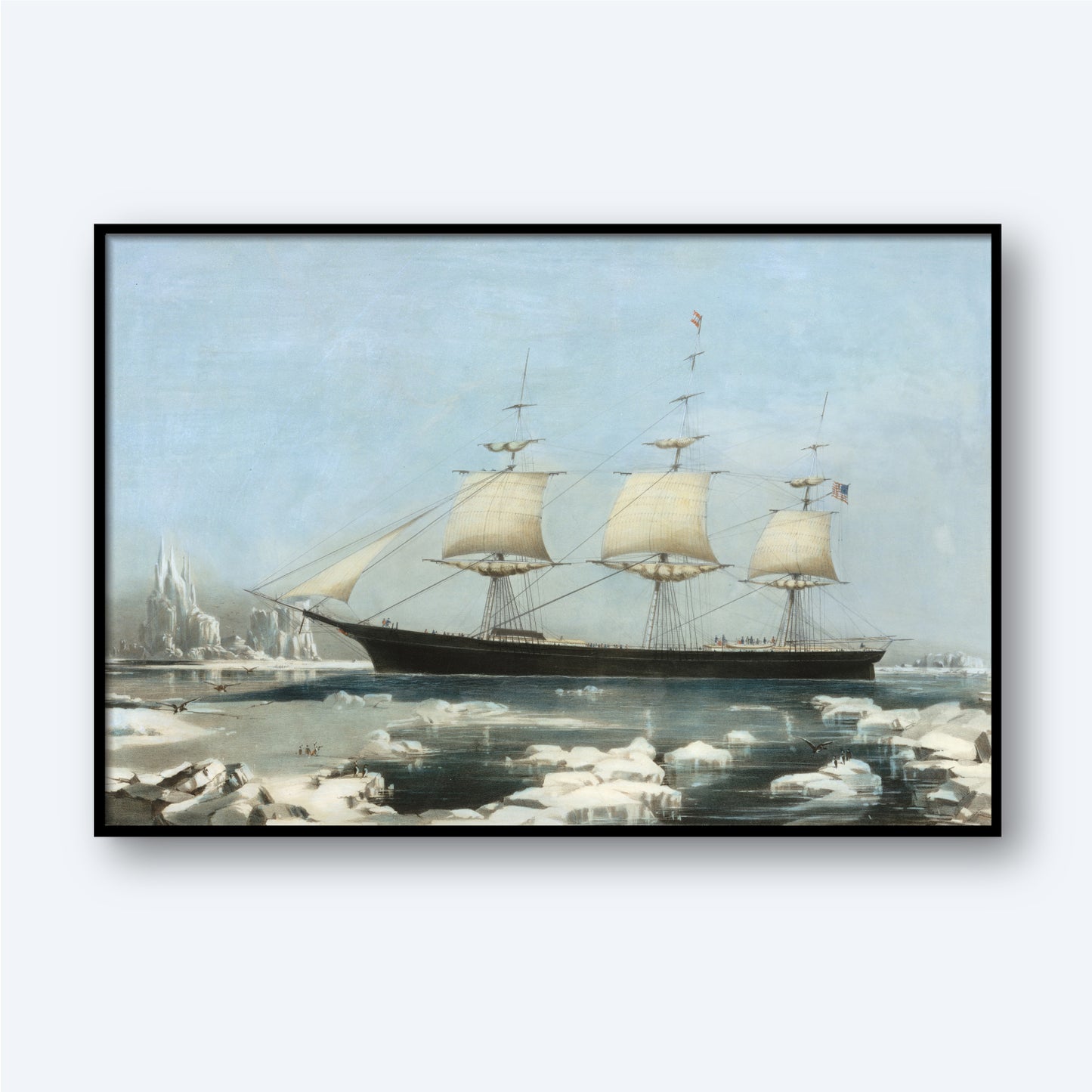 The product, "Clipper Ship 'Red Jacket' In the Ice off Cape Horn by Charles Parsons," features a painting of the 19th-century clipper ship Red Jacket with three masts and sails unfurled, navigating through icy waters. Icebergs and snow-covered land are visible in the background under a clear sky, while a few small figures stand on the ice near the ship, capturing classic maritime art by Charles Parsons.