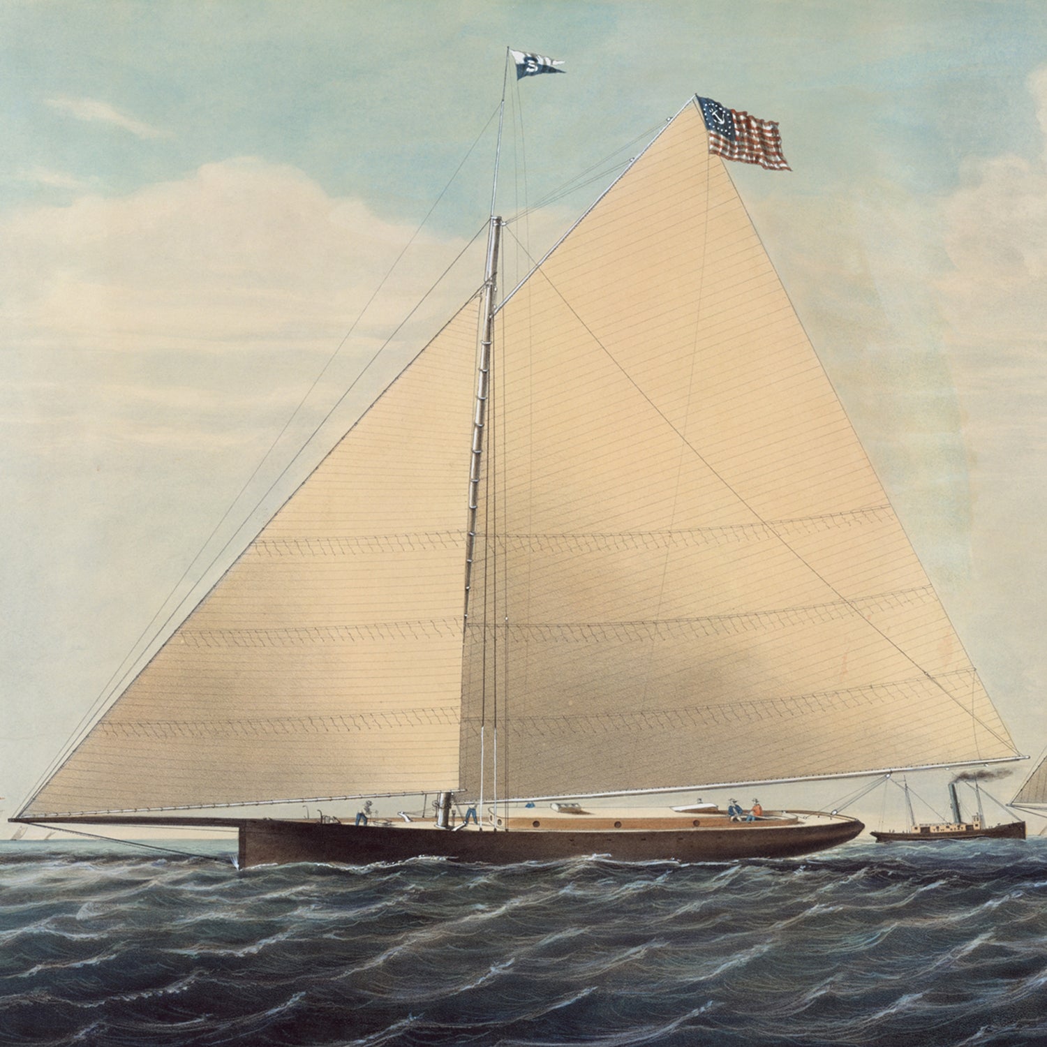 A detailed illustration of the Cutter Yacht "Scud" of Philadelphia by Charles Parsons depicts a classic sailboat with a tall mast and large sails, navigating open waters. Resembling American racing yachts from the 19th-century yachting era, this boat has an American flag atop its mast and several crew members visible on deck, all under a partly cloudy sky.