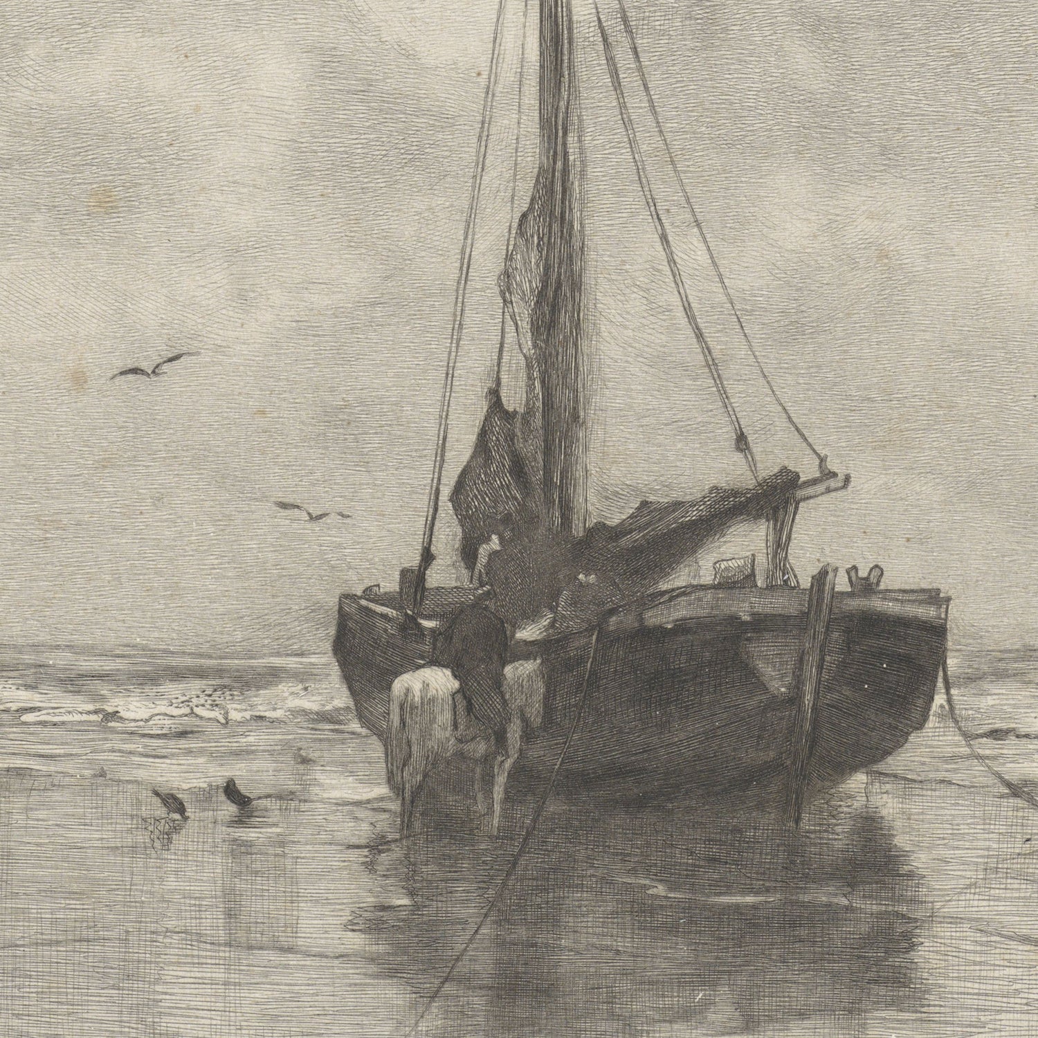 The "Bomschuit by Willem Steelink" depicts an old wooden sailboat, reminiscent of Dutch fishing boats, resting on a calm, shallow shore. A solitary figure tends to the boat while a few birds fly low near the water. The scene, rendered in a detailed sketch style, evokes a quiet, serene atmosphere reflective of maritime tradition.