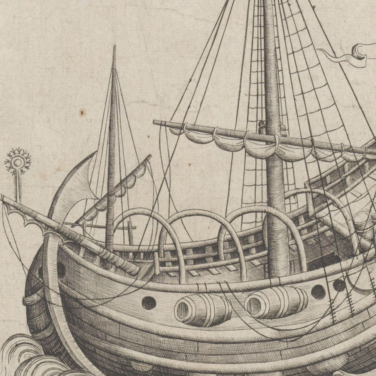 A detailed black and white illustration of an old sailing ship, depicted in the "A Herring Buss Print," showcases large curved bowsprits, multiple sails, and intricate rigging. The hull features two cannons, while the deck is adorned with wooden railings and barrels. The plain background emphasizes the ship's intricate design.