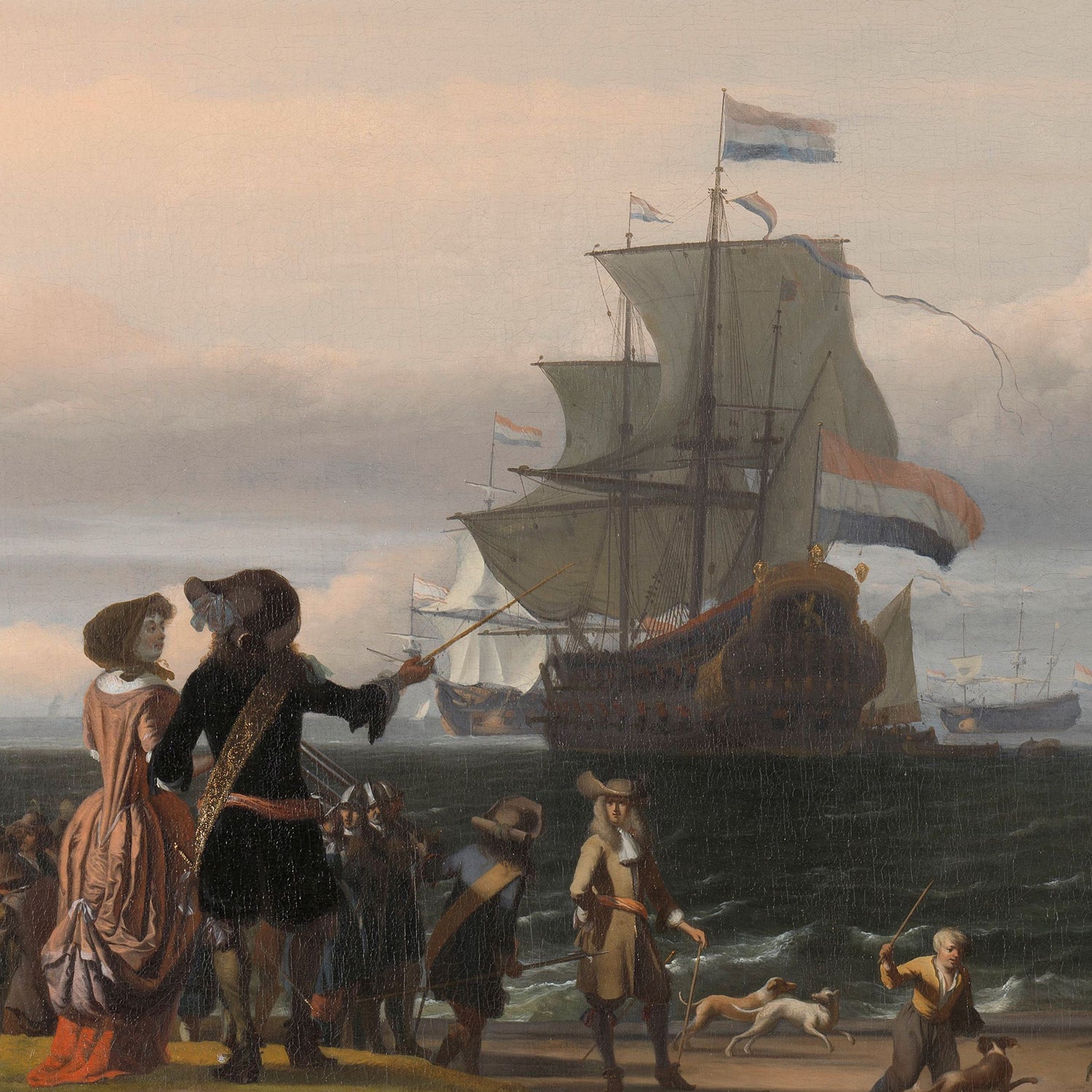 A historical painting by Ludolf Bakhuysen titled "Dutch Ships in the Roads of Texel" depicts a bustling port scene. In the foreground, a woman and a man converse, pointing toward the ships. People and dogs gather near the shore, with more vessels visible in the background amid a calm sea, capturing the essence of maritime history.