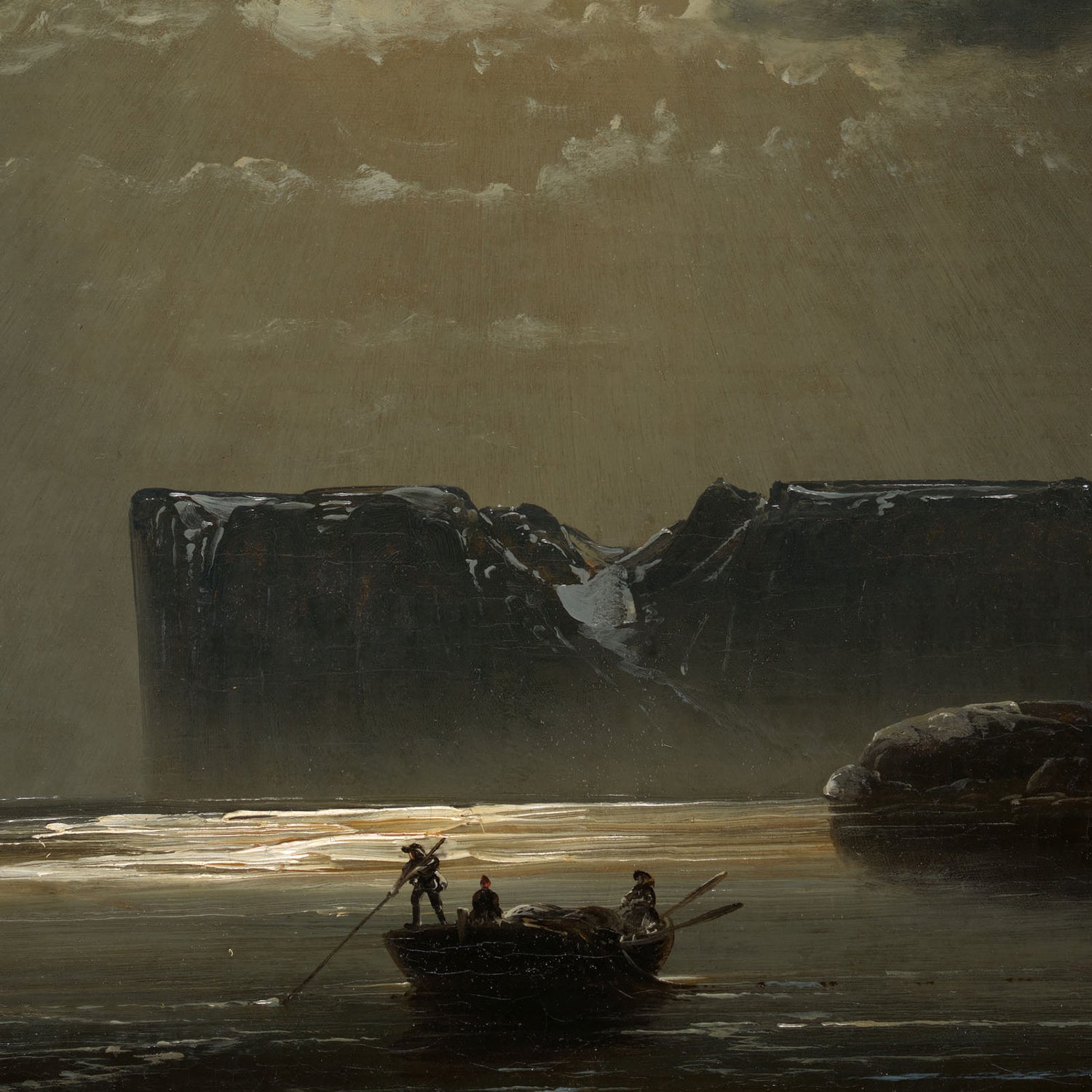 Two figures navigate a small boat across a dark, tranquil sea beneath a cloudy sky illuminated by the setting sun. In the background, a large snow-covered cliff casts shadows over the water along Norway's northern coastline. The scene of "The North Cape by Moonlight" by Peder Balke evokes the serene yet mysterious atmosphere of the Arctic wilderness.