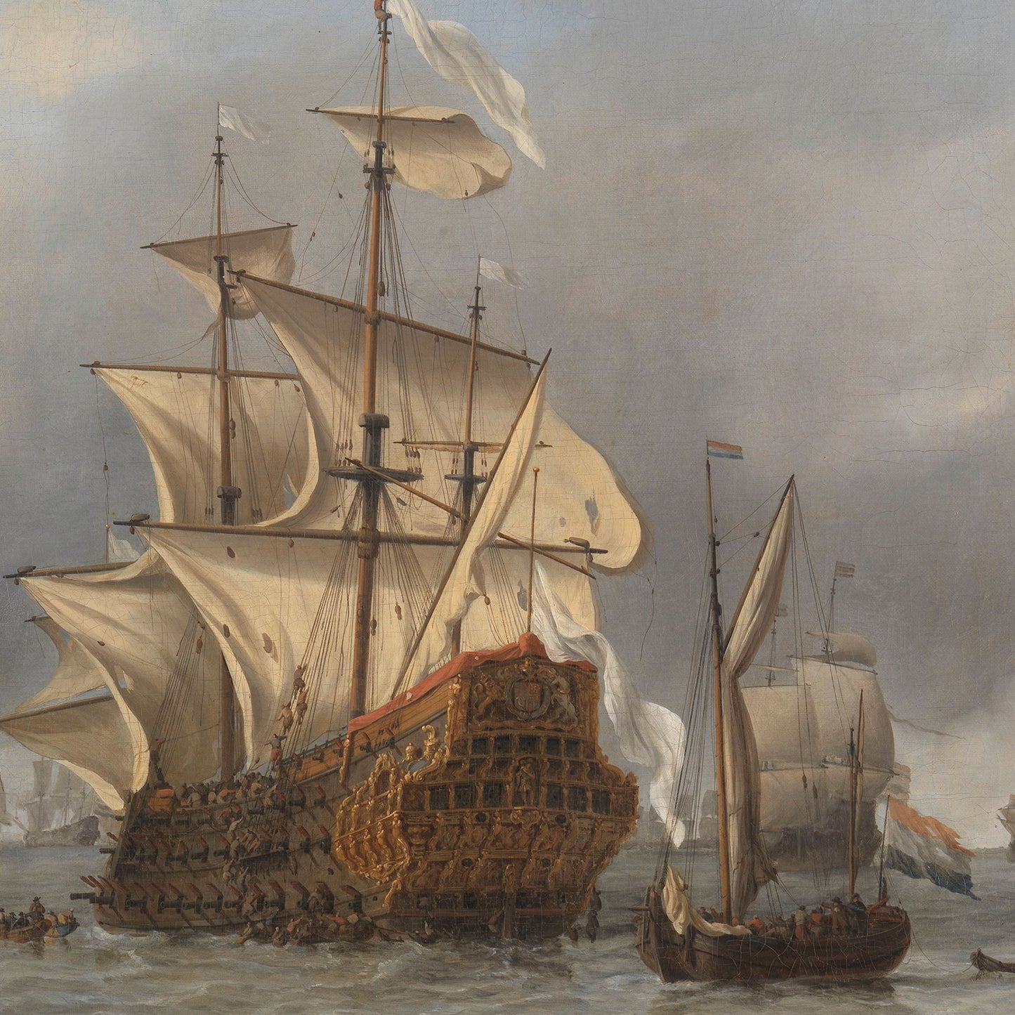 The Capture of the Royal Prince by Willem van de Velde is an evocative painting featuring a grand sailing ship navigating through turbulent seas. The imposing vessel, with its multiple masts and billowing sails, captures attention while its ornate stern stands out prominently. In the background, smaller boats and additional ships can be seen under a cloudy sky, reminiscent of historic naval battle scenes.