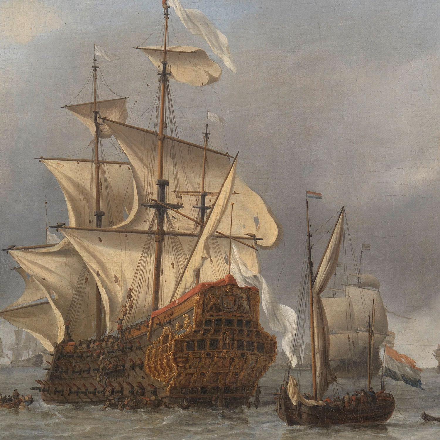 The Capture of the Royal Prince by Willem van de Velde is an evocative painting featuring a grand sailing ship navigating through turbulent seas. The imposing vessel, with its multiple masts and billowing sails, captures attention while its ornate stern stands out prominently. In the background, smaller boats and additional ships can be seen under a cloudy sky, reminiscent of historic naval battle scenes.