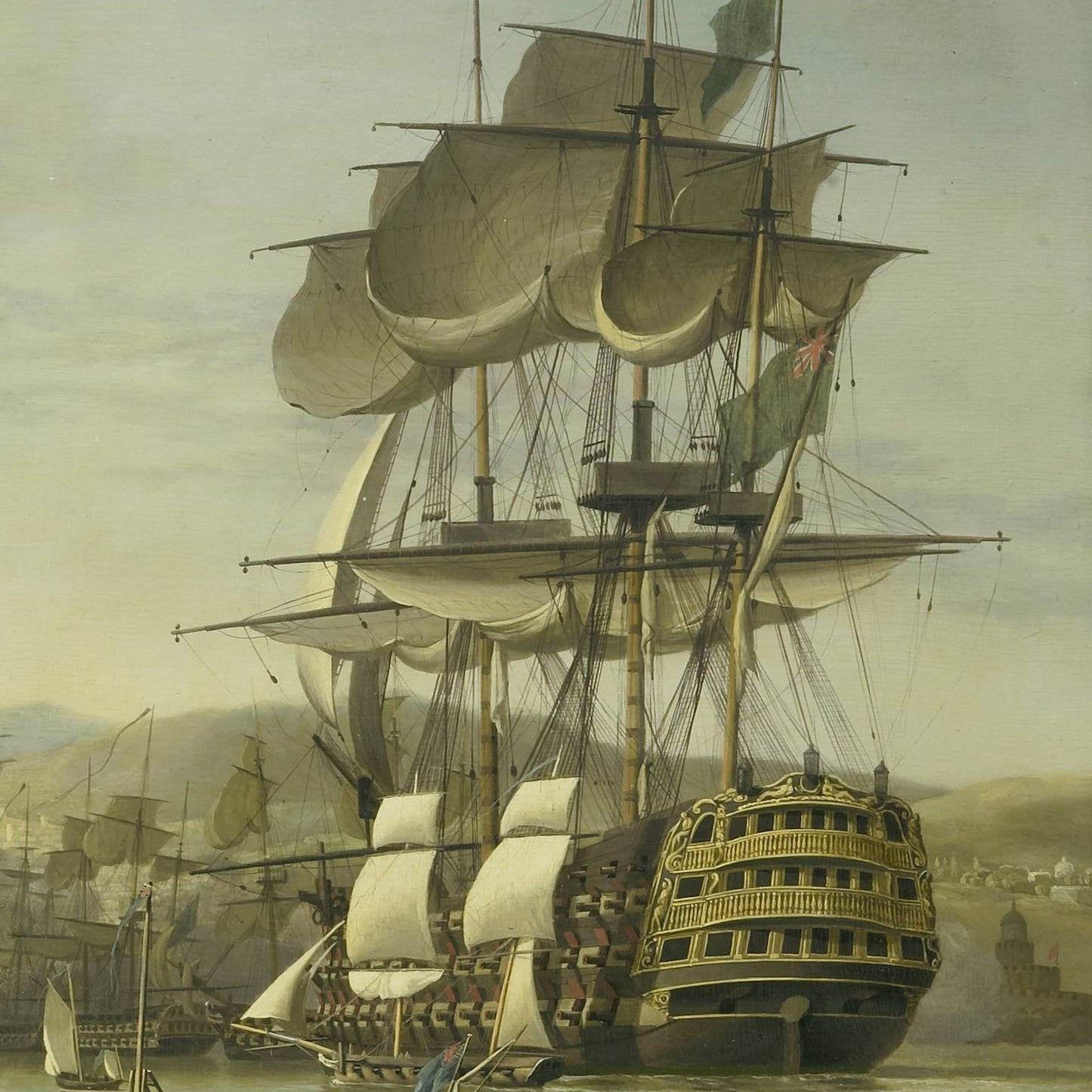 The Anglo-Dutch Fleet In The Bay Of Algiers by Nicolaas Baur showcases a majestic, multi-masted sailing ship with numerous sails unfurled, prominently positioned in the foreground. Smaller ships and boats surround it on calm waters, all set against a hilly landscape and buildings under a clear sky. Ideal as wall art, this piece beautifully captures maritime history.