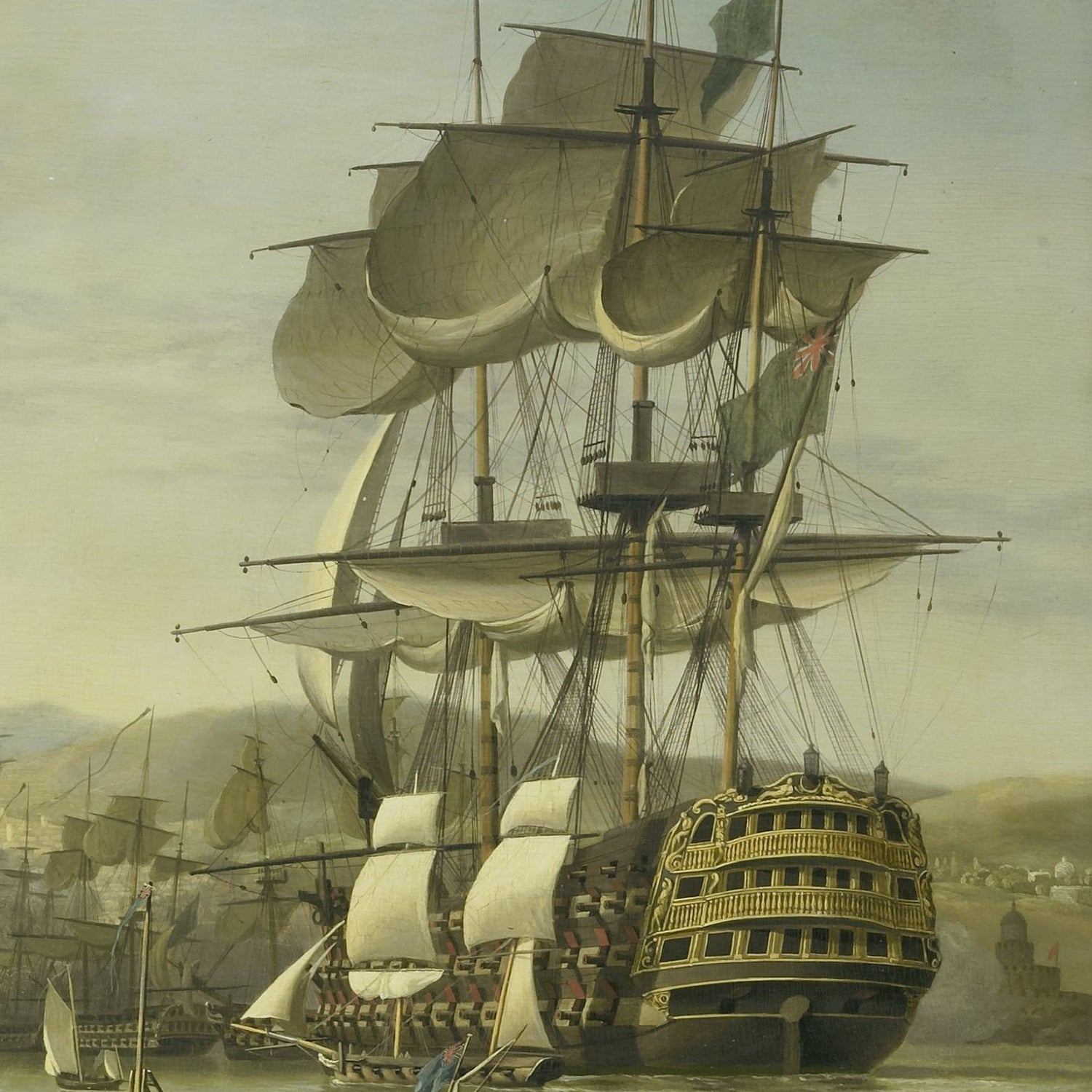 The Anglo-Dutch Fleet In The Bay Of Algiers by Nicolaas Baur showcases a majestic, multi-masted sailing ship with numerous sails unfurled, prominently positioned in the foreground. Smaller ships and boats surround it on calm waters, all set against a hilly landscape and buildings under a clear sky. Ideal as wall art, this piece beautifully captures maritime history.