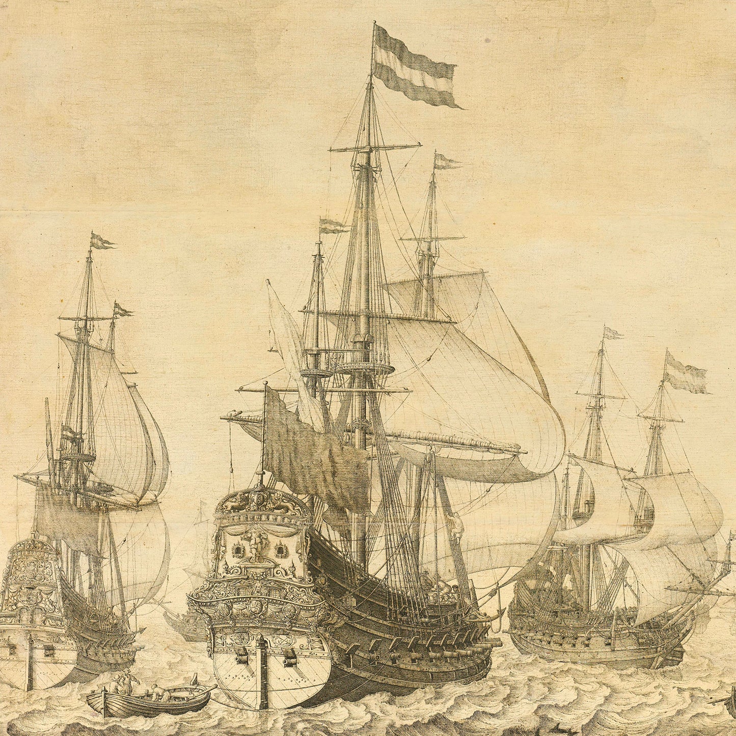 An exquisite artwork titled "Seascape with the Dutch Men-of-War" by Willem van de Velde portrays several grand Dutch Men-of-War adorned with intricate rigging and sails, skillfully navigating turbulent seas. The central vessel stands out with remarkable detail, showcasing a prominent flag atop its mast and a smaller boat positioned to its left in this captivating maritime scene.