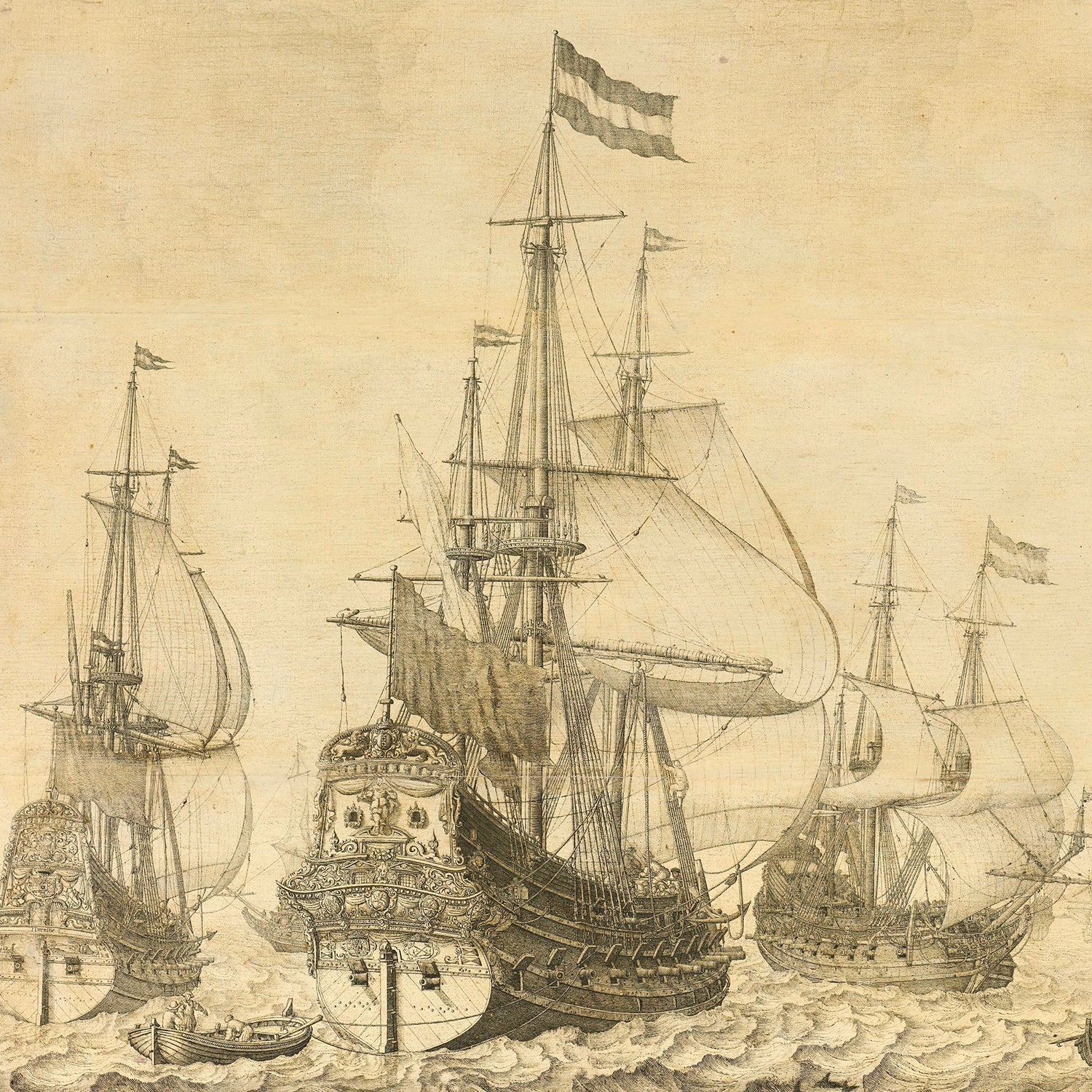 An exquisite artwork titled "Seascape with the Dutch Men-of-War" by Willem van de Velde portrays several grand Dutch Men-of-War adorned with intricate rigging and sails, skillfully navigating turbulent seas. The central vessel stands out with remarkable detail, showcasing a prominent flag atop its mast and a smaller boat positioned to its left in this captivating maritime scene.