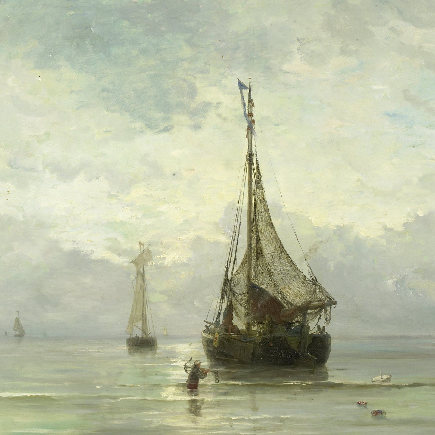 The painting "Calm Sea" by Hendrik Willem Mesdag features a serene seascape with a large sailboat anchored in calm waters under a cloudy sky, reminiscent of the artist's iconic maritime landscapes. A few smaller boats can be seen in the background, while in the foreground, a person wades through shallow water, possibly fishing or gathering something.
