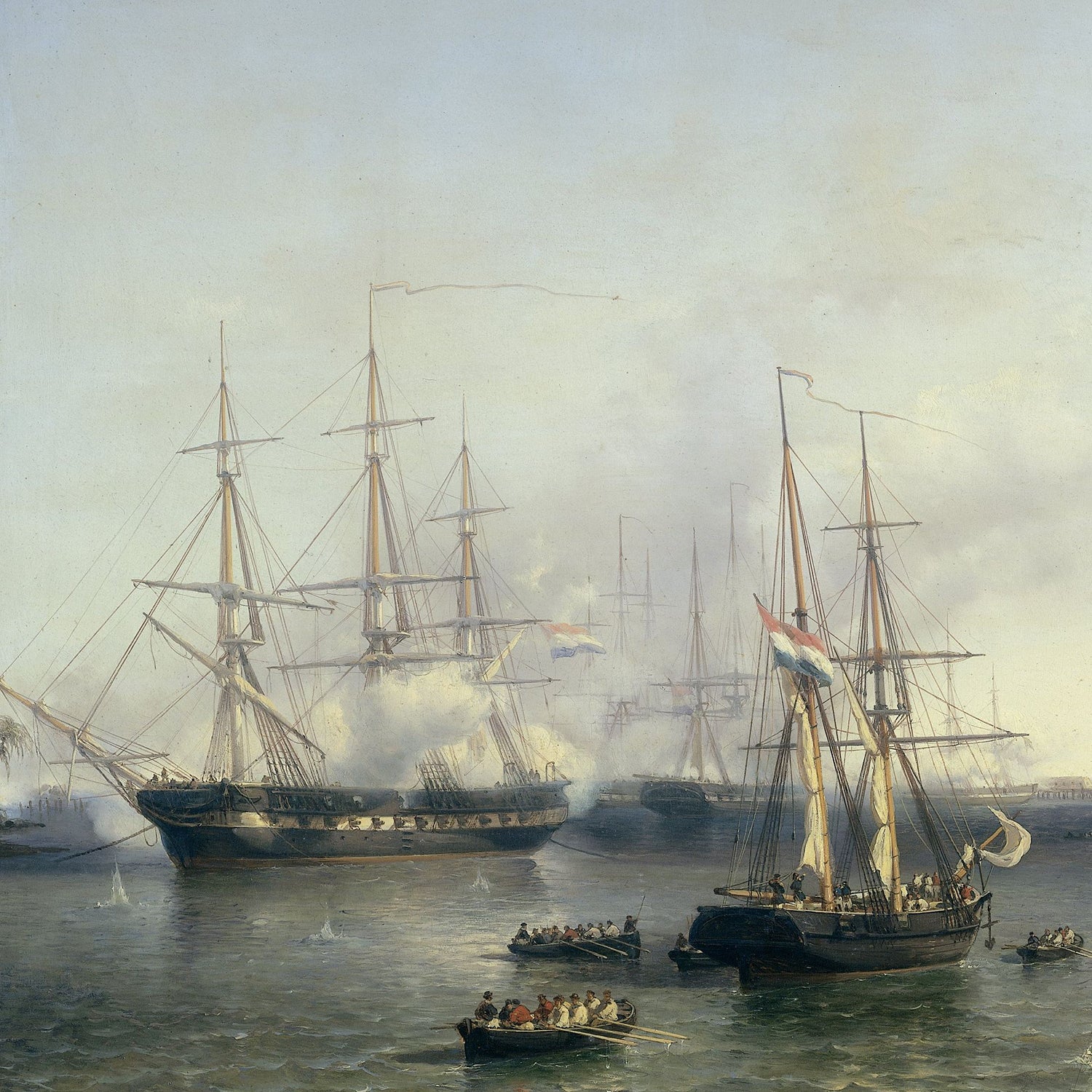 The painting, titled "Conquest of Palembang, Sumatra in Indonesia, by Lieutenant-General De Kock" by Louis Meijer, depicts a dramatic naval battle scene with several large sailing ships exchanging cannon fire and producing smoke. Smaller boats filled with people are on the water, with one ship displaying the Dutch flag. The overcast sky enhances the mood, reminiscent of Dutch-Indonesian history.